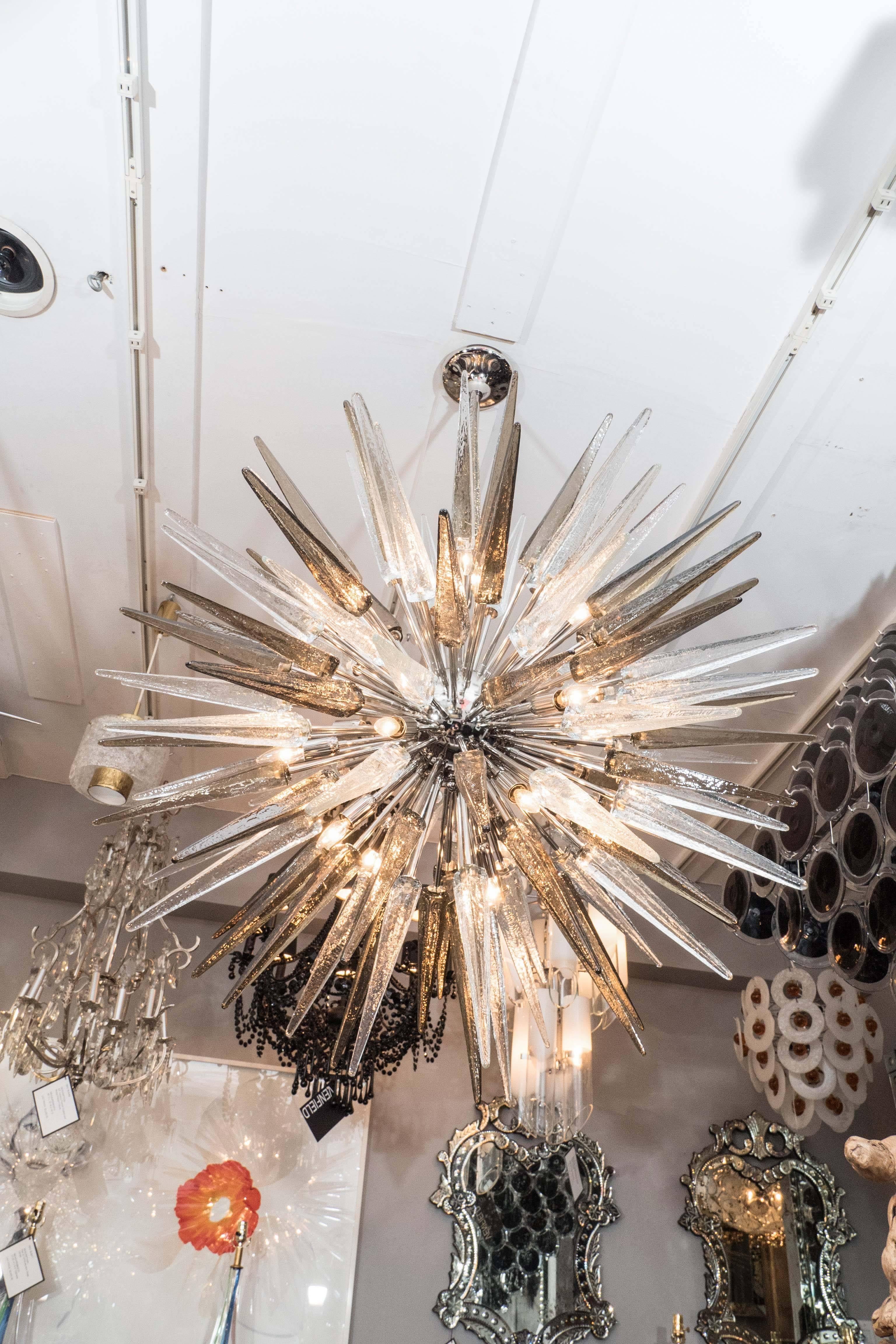 Custom clear and smoke Murano glass spike Sputnik chandelier in polished nickel. Customization is available in dimensions, finishes and glass colors. Please inquire with Venfield.