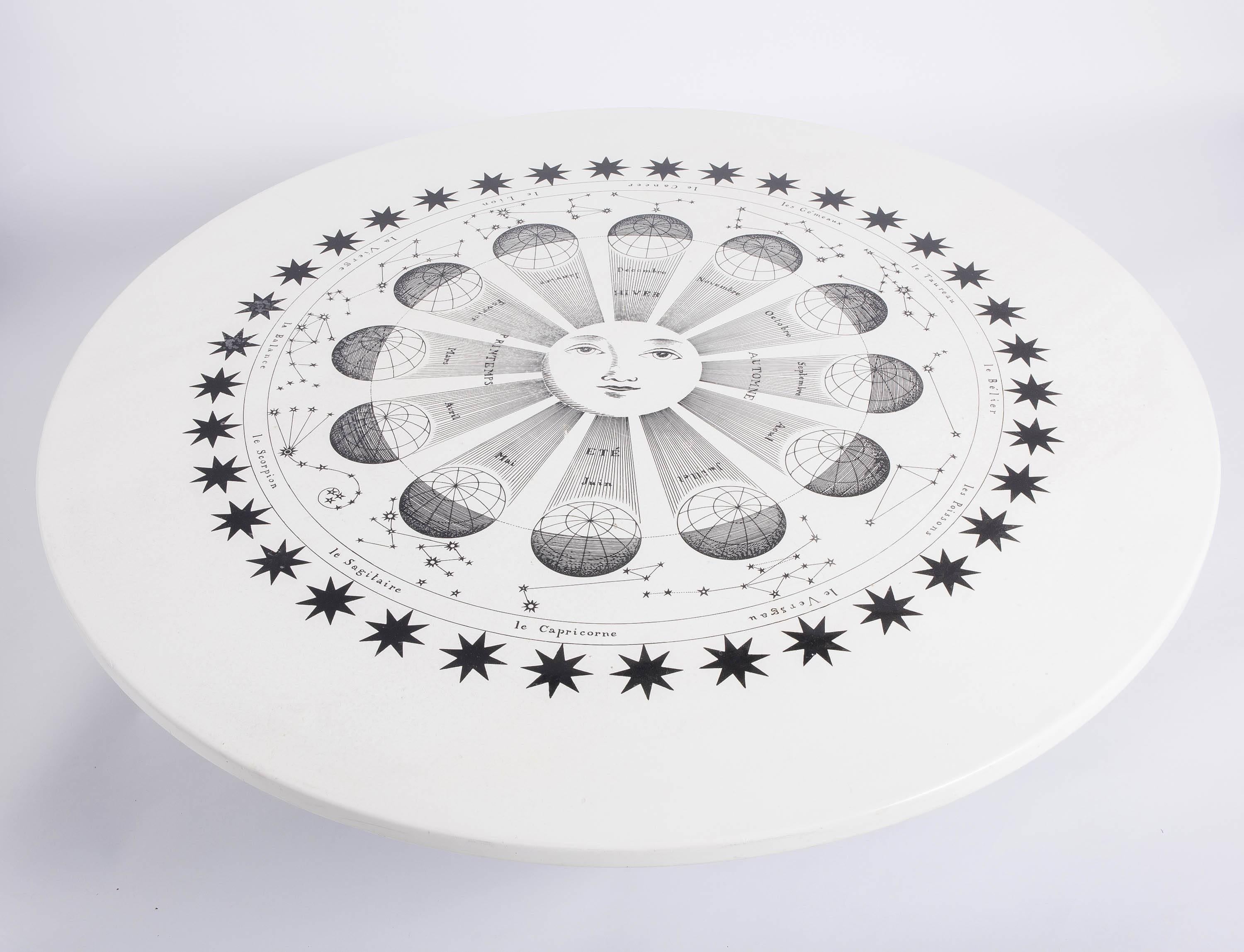 An extremely rare circular coffee table by Piero Fornasetti,
On original black splayed support.
The white back ground lithographically printed with star signs and horoscope,
Italy, circa 1950.
Measures: 115 cm diameter x 46 cm high.
     