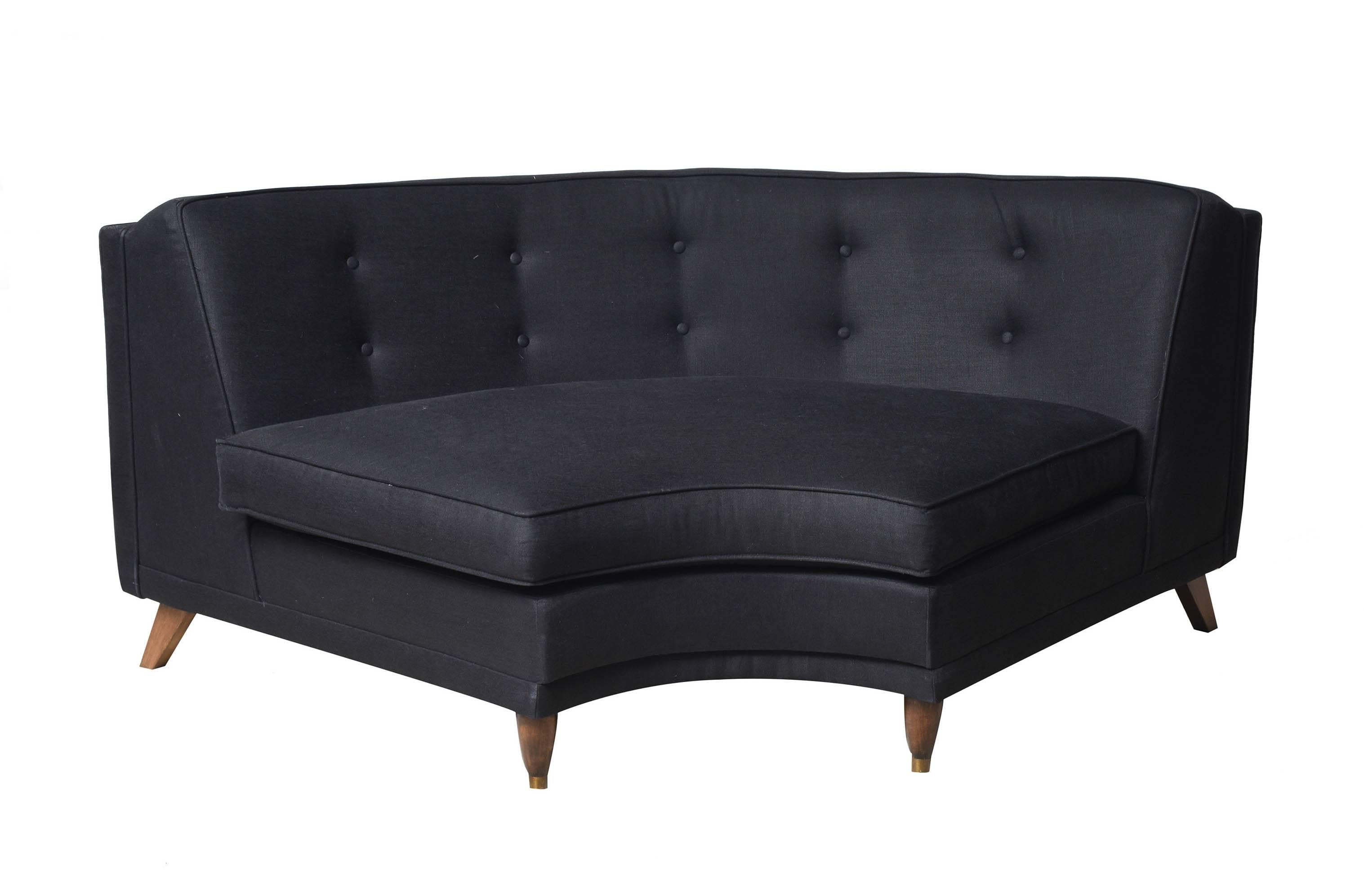 Harvey Probber three decomposable pieces sofa.
It has been completely restored and the upholstered with a Aura outdoor fabric.

Measurements specification is necessary:
Twins parts (the straight two): 130 cm W, 67 cm H and 90 cm D;
The