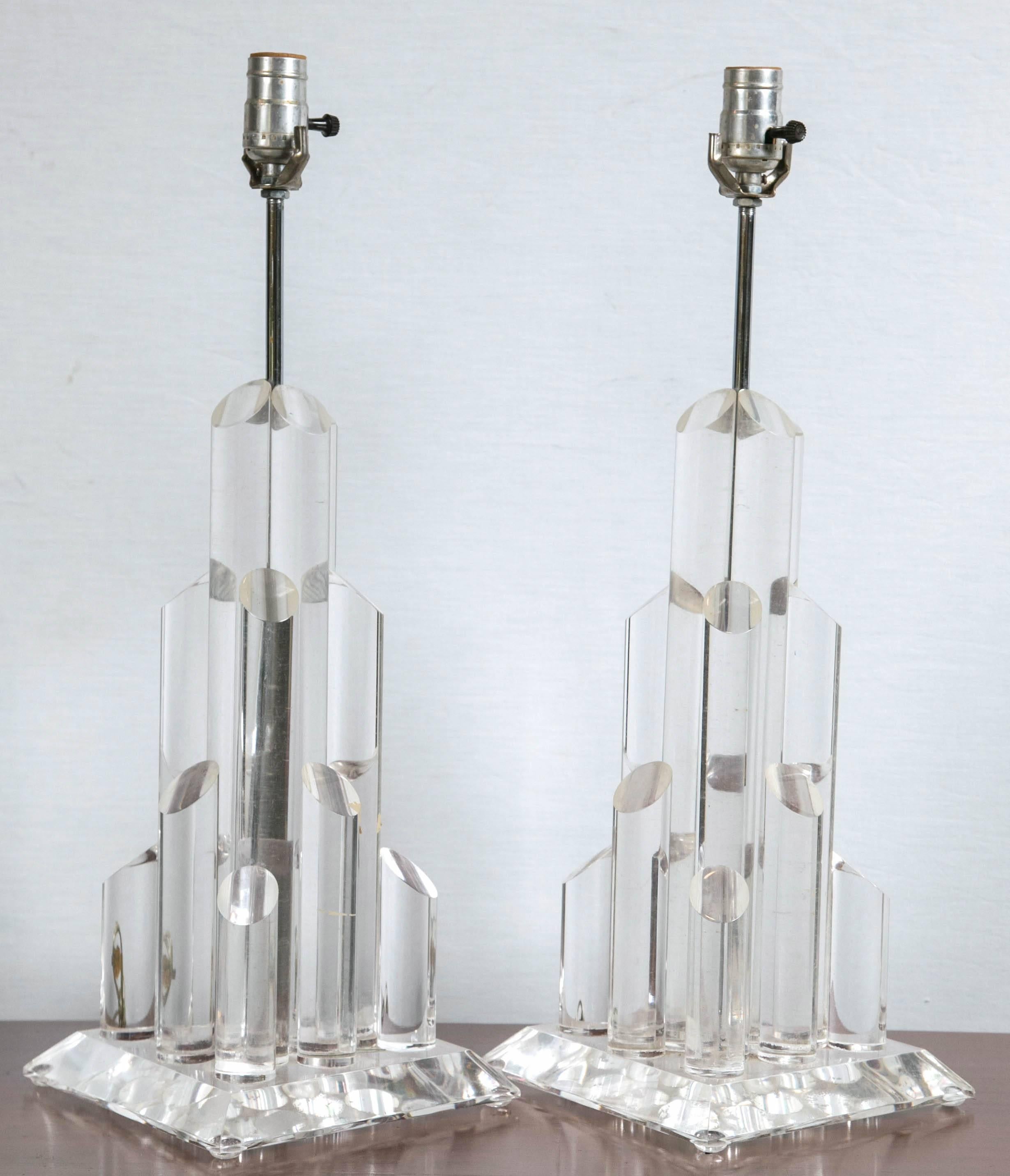 Custom designer Lucite lamps priced per pair, circa 1960s.