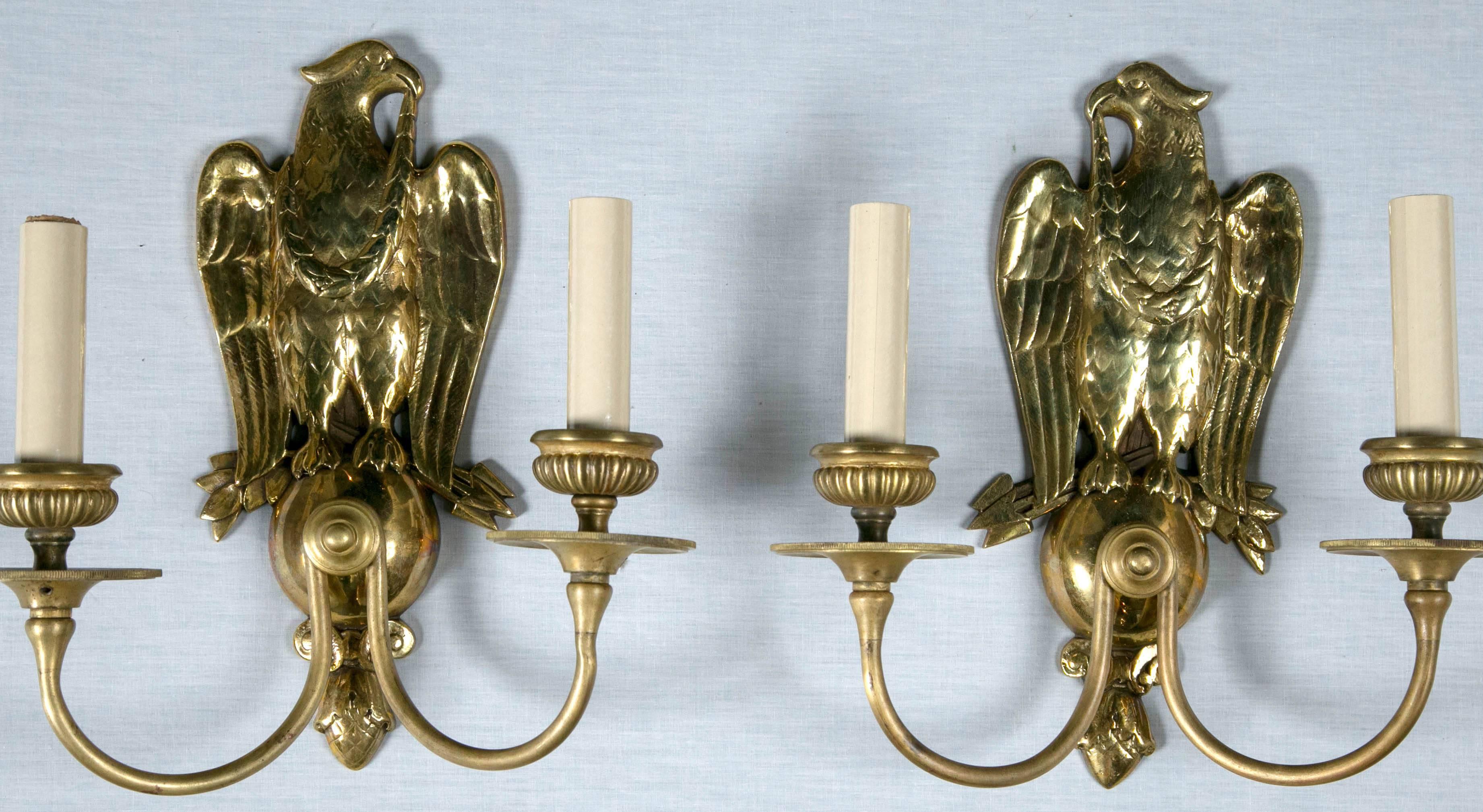 Beautiful Federal style Caldwell gilt bronze sconces with eagle backplate.
Six pair available priced per pair.