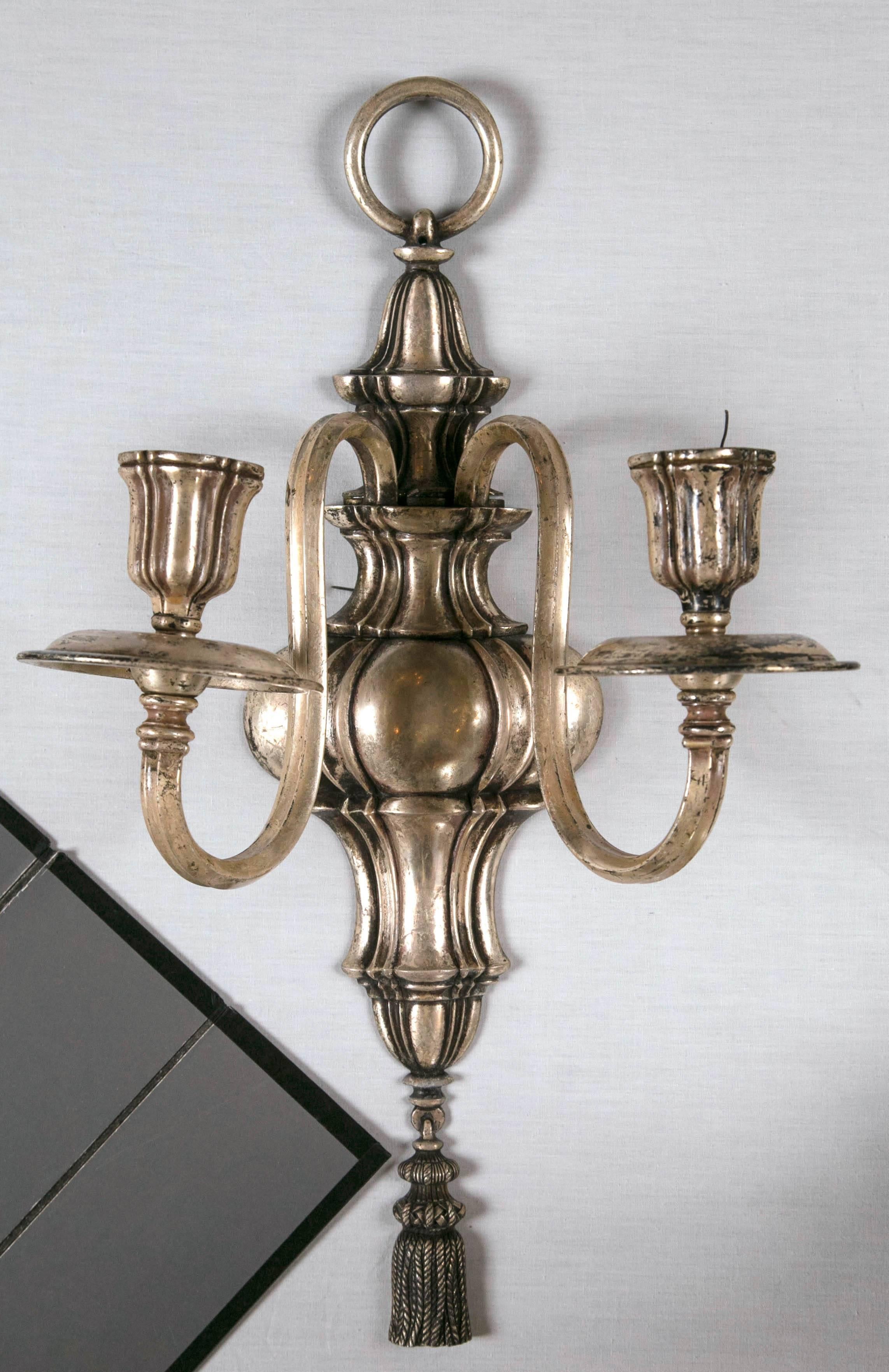 A rare set of 12 early Caldwell silver plated sconces. Priced per pair.