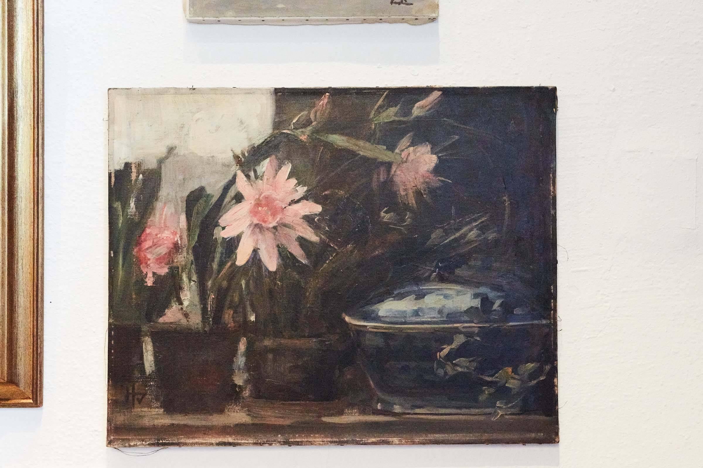 Still-Life 'Pink Flowers and Blue Tureen' by Herman Vedel, Denmark, 1924 In Good Condition In Los Angeles, CA