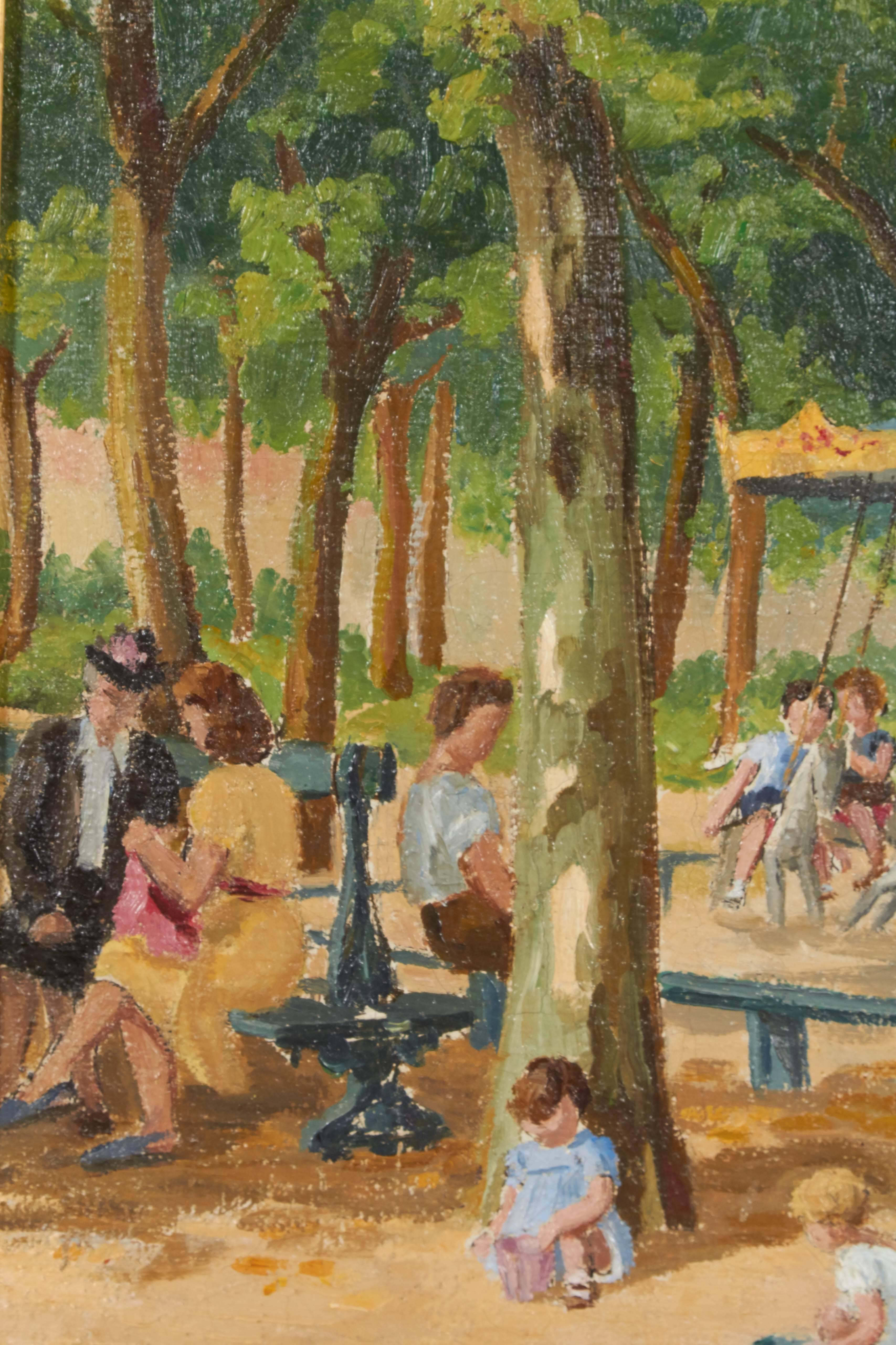 Painting, Children in the Park Oil Painting In Good Condition For Sale In New York, NY