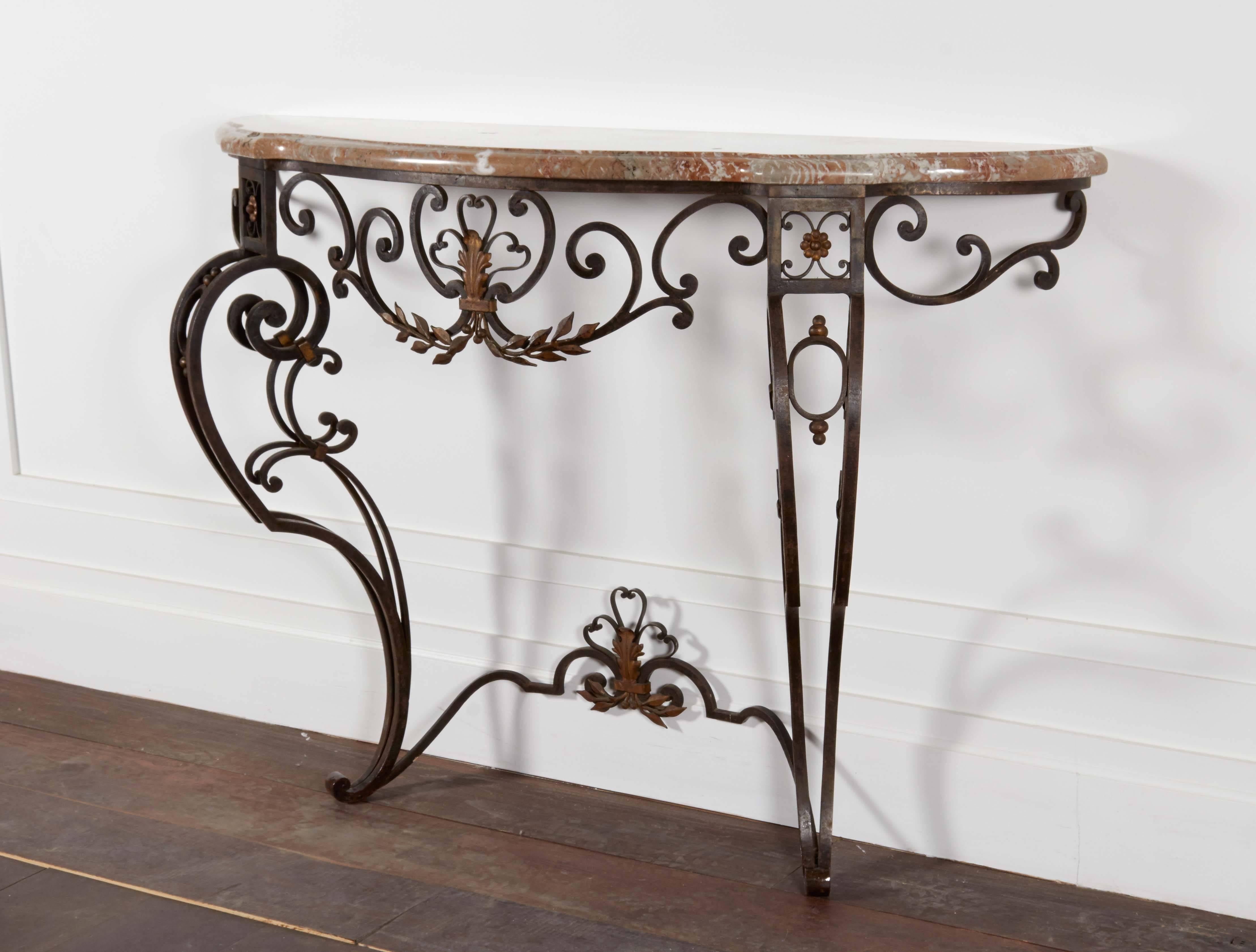 20th Century Iron and Marble-Top Demilune Console For Sale