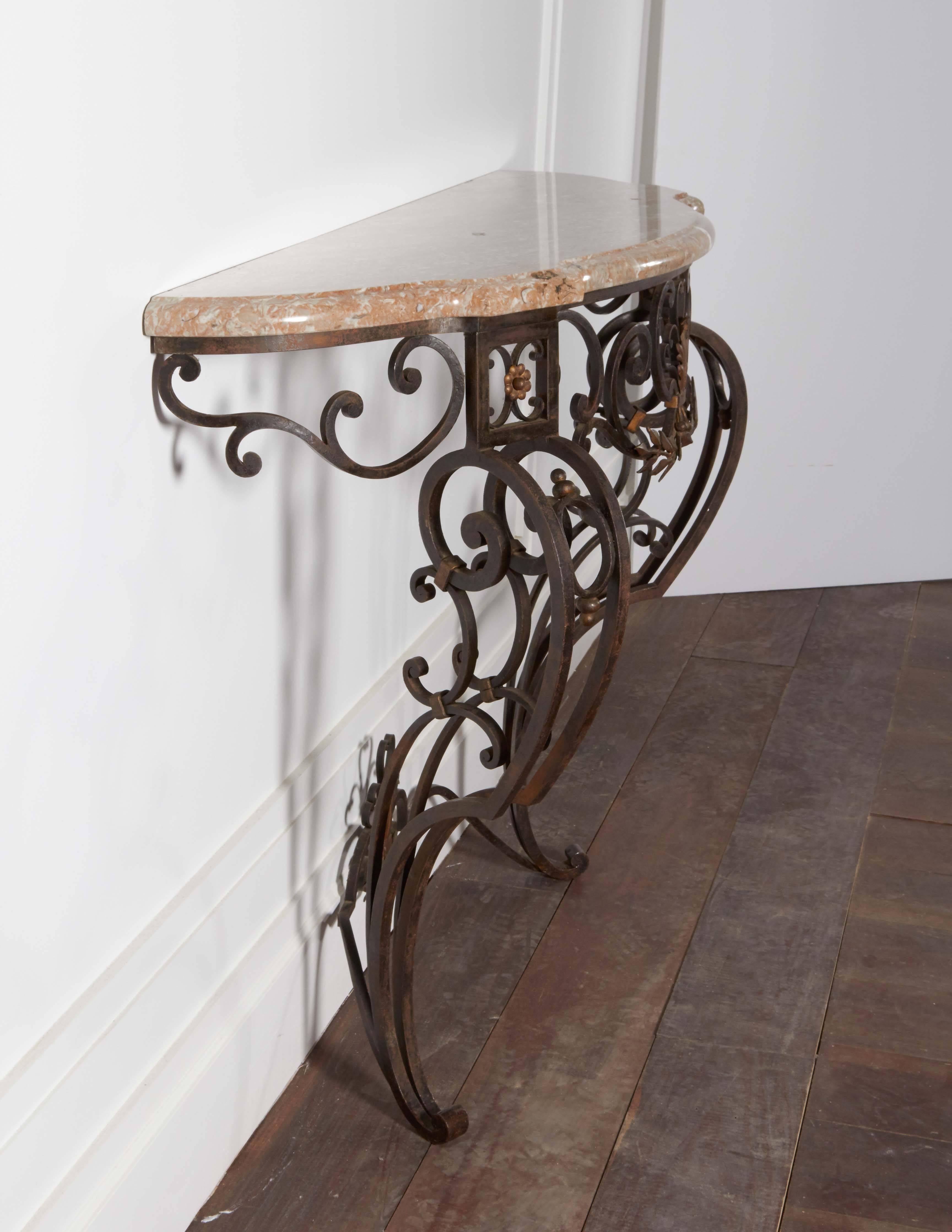 Iron and Marble-Top Demilune Console For Sale 1
