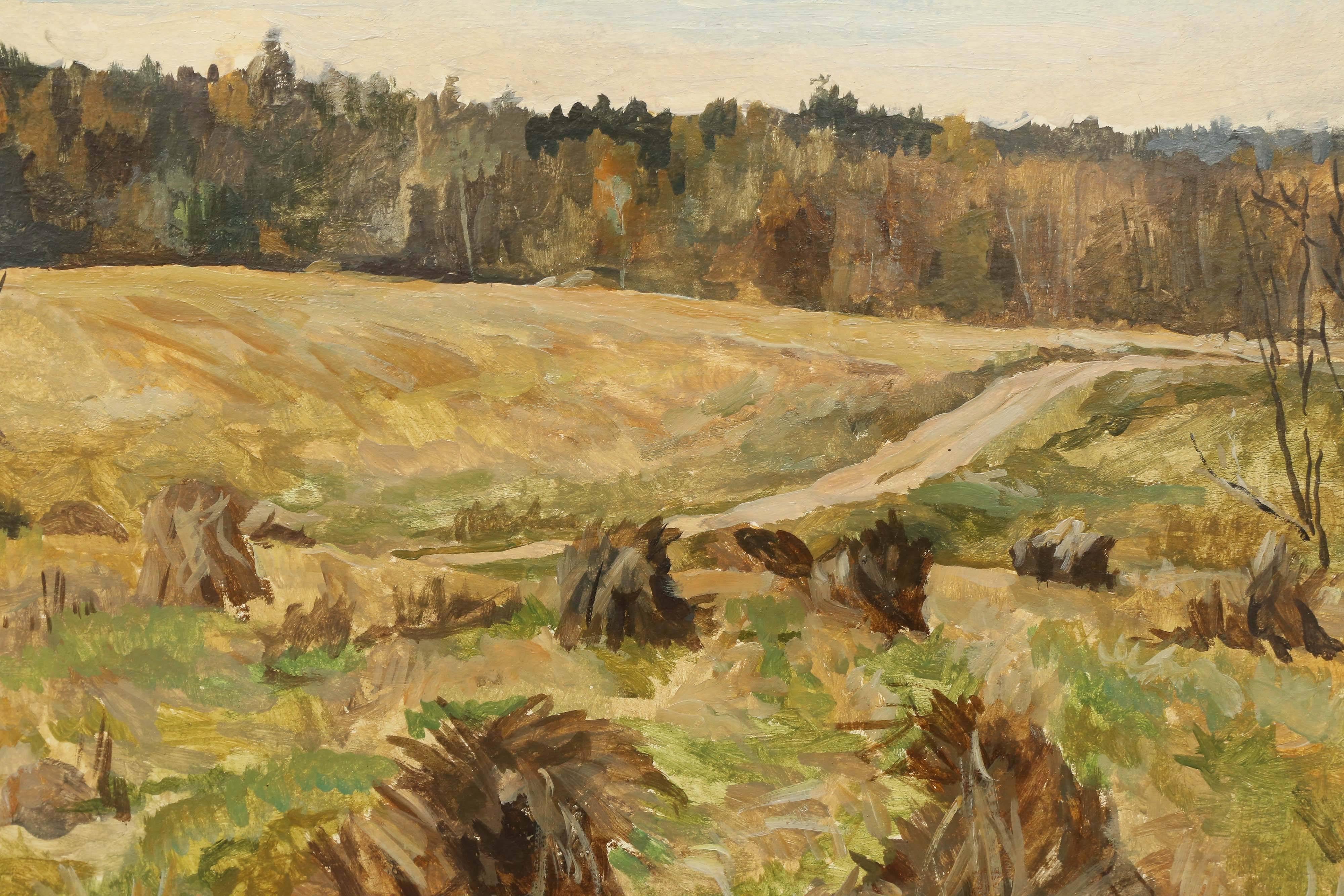 Soviet/Russian painter. 

“Landscape with haystacks” 1984.

 Oil on artist’s board. Signed and dated on lower right.
 13” H x 19’ W, overall size is 20” H x 26” W.
 Condition is excellent.
    