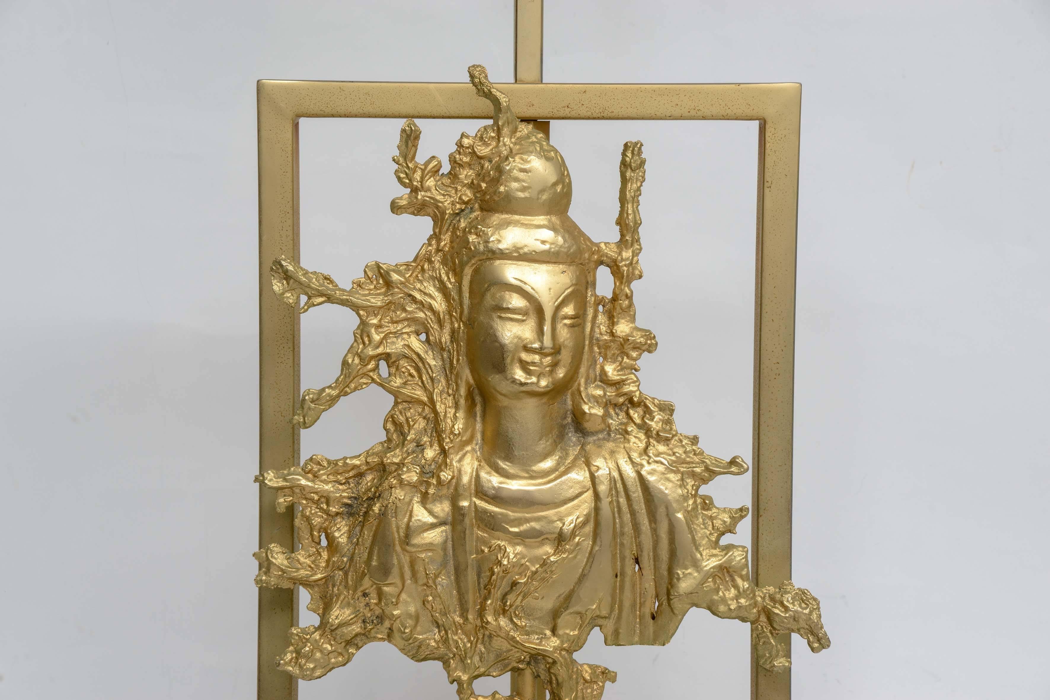 Rare Table Lamp with a Buddha Bronze Figure, Maison Guerin, Paris, circa 1970 For Sale 4