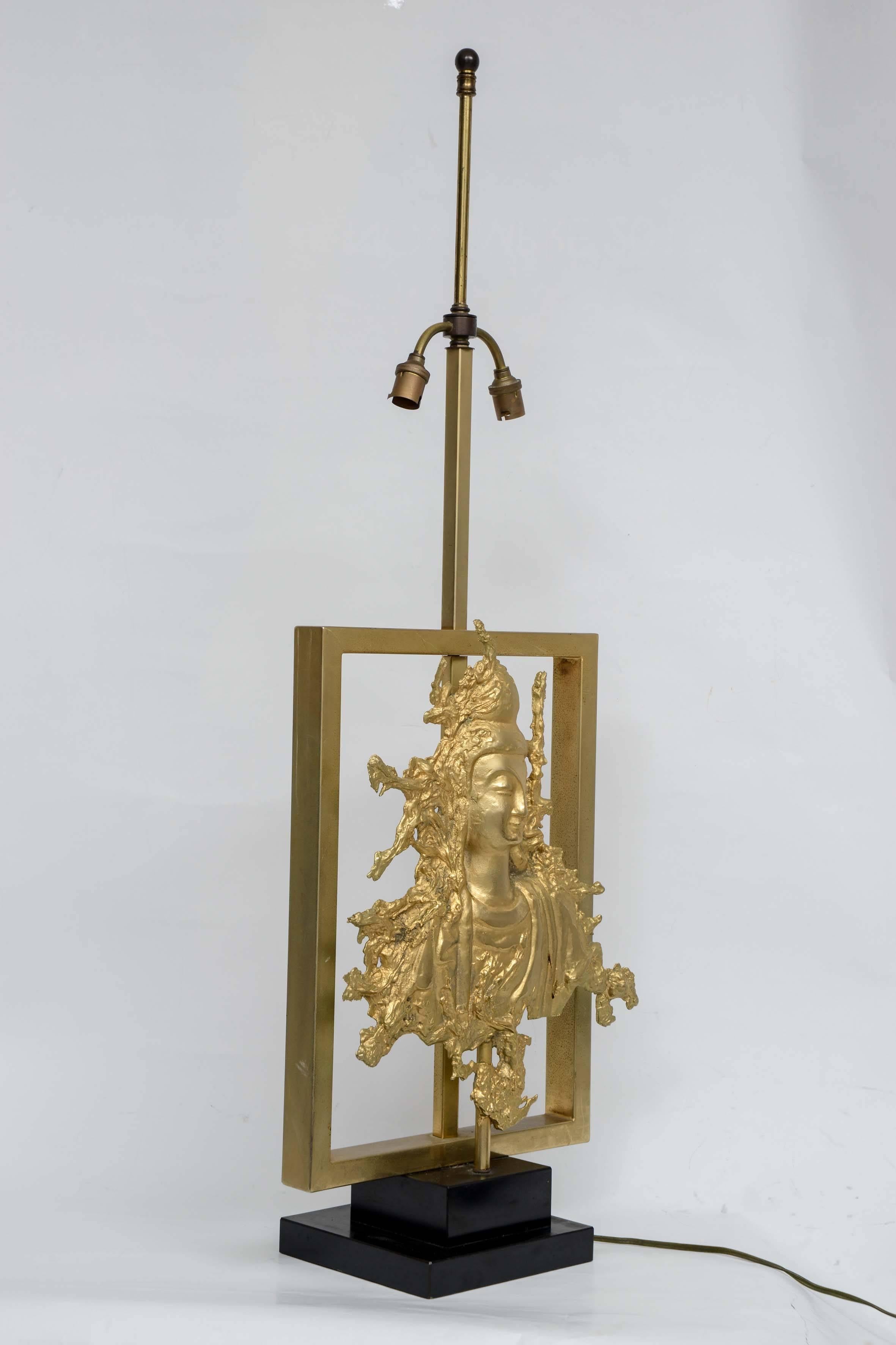 Rare Table Lamp with a Buddha Bronze Figure, Maison Guerin, Paris, circa 1970 In Good Condition For Sale In Saint-Ouen, FR