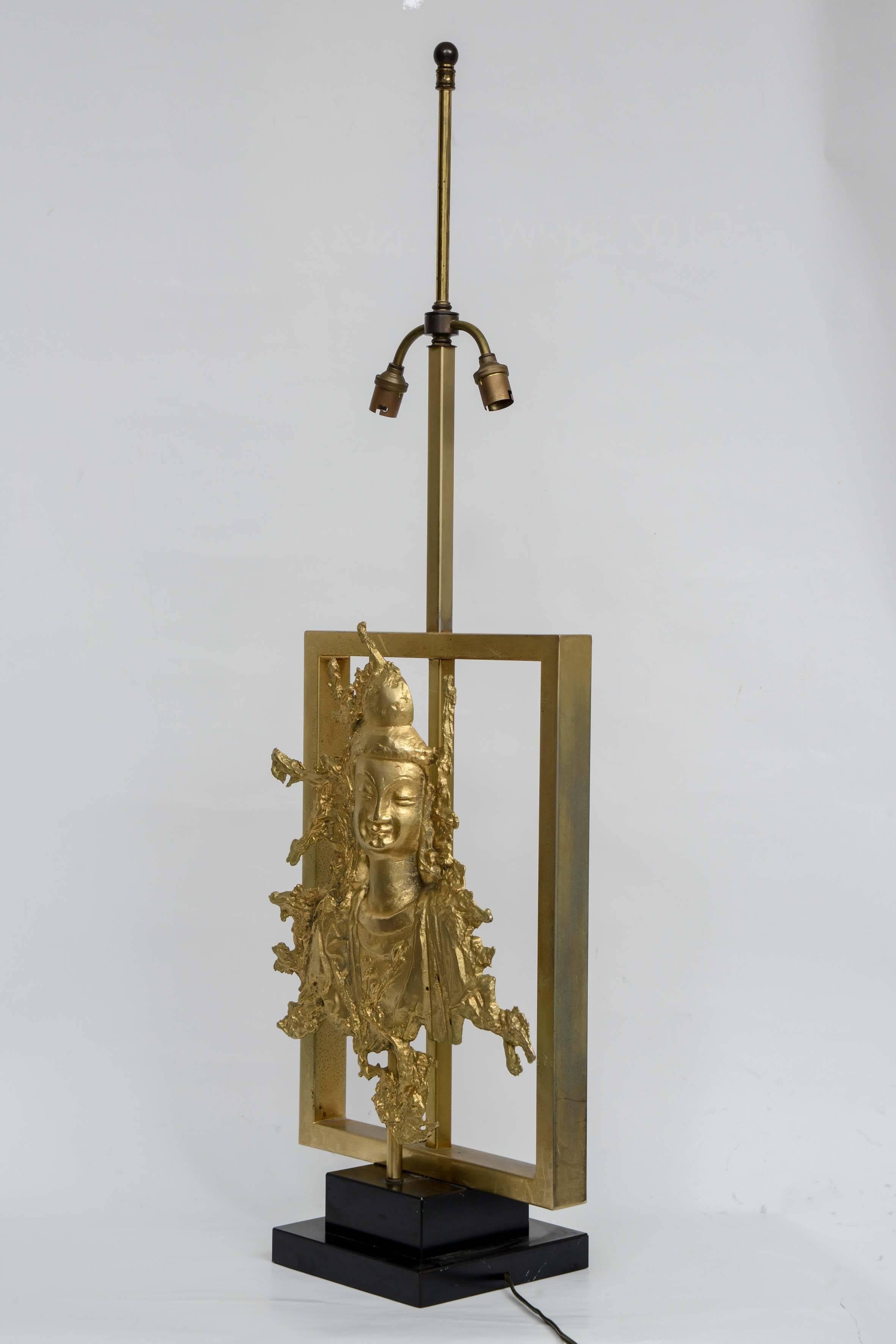 Rare Table Lamp with a Buddha Bronze Figure, Maison Guerin, Paris, circa 1970 For Sale 1