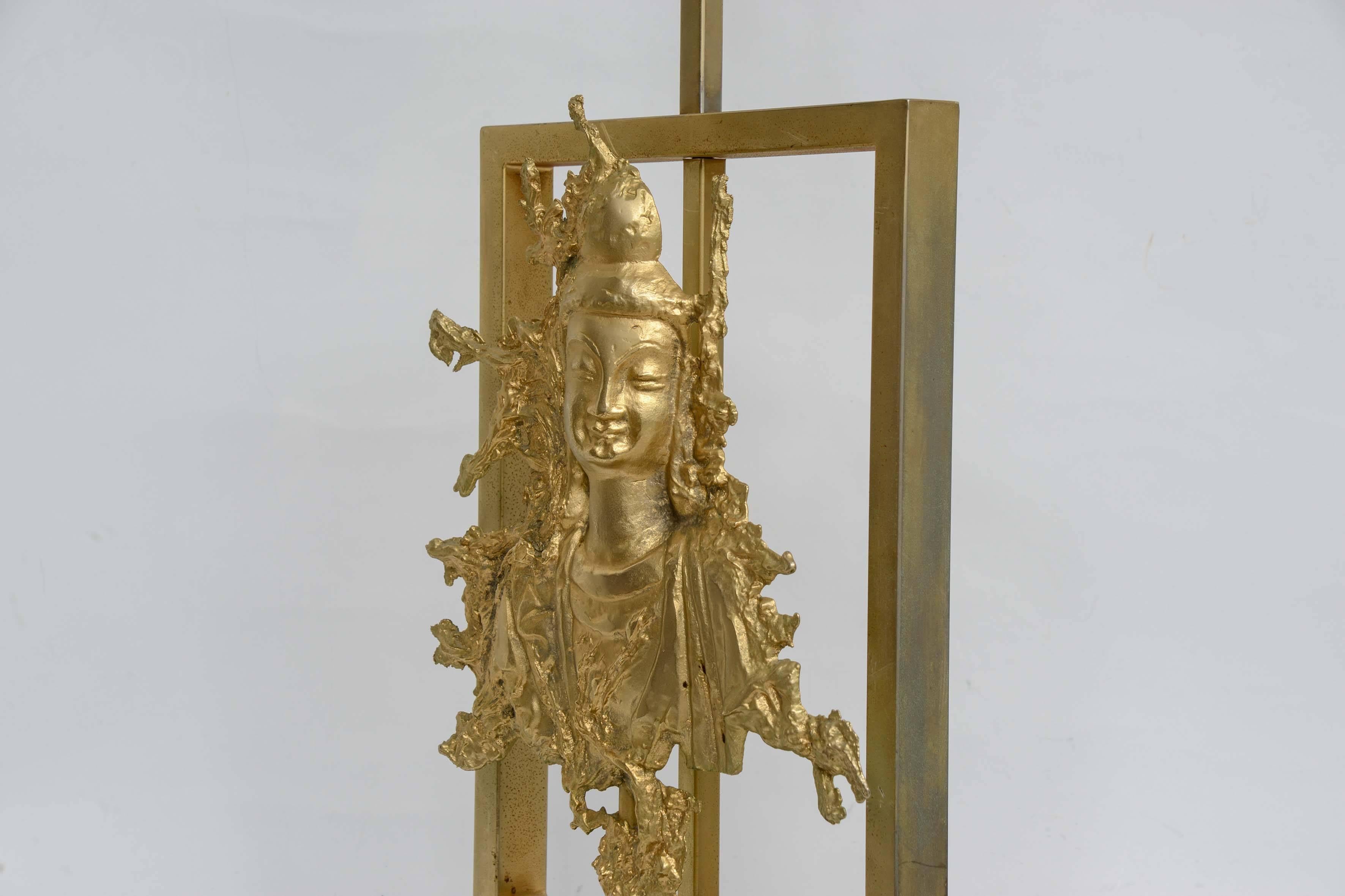 Rare Table Lamp with a Buddha Bronze Figure, Maison Guerin, Paris, circa 1970 For Sale 3