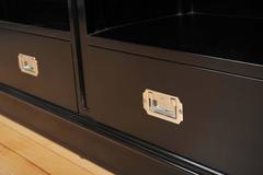 Bespoke Black Lacquer Open Bookcase with Two Military Style Drawers