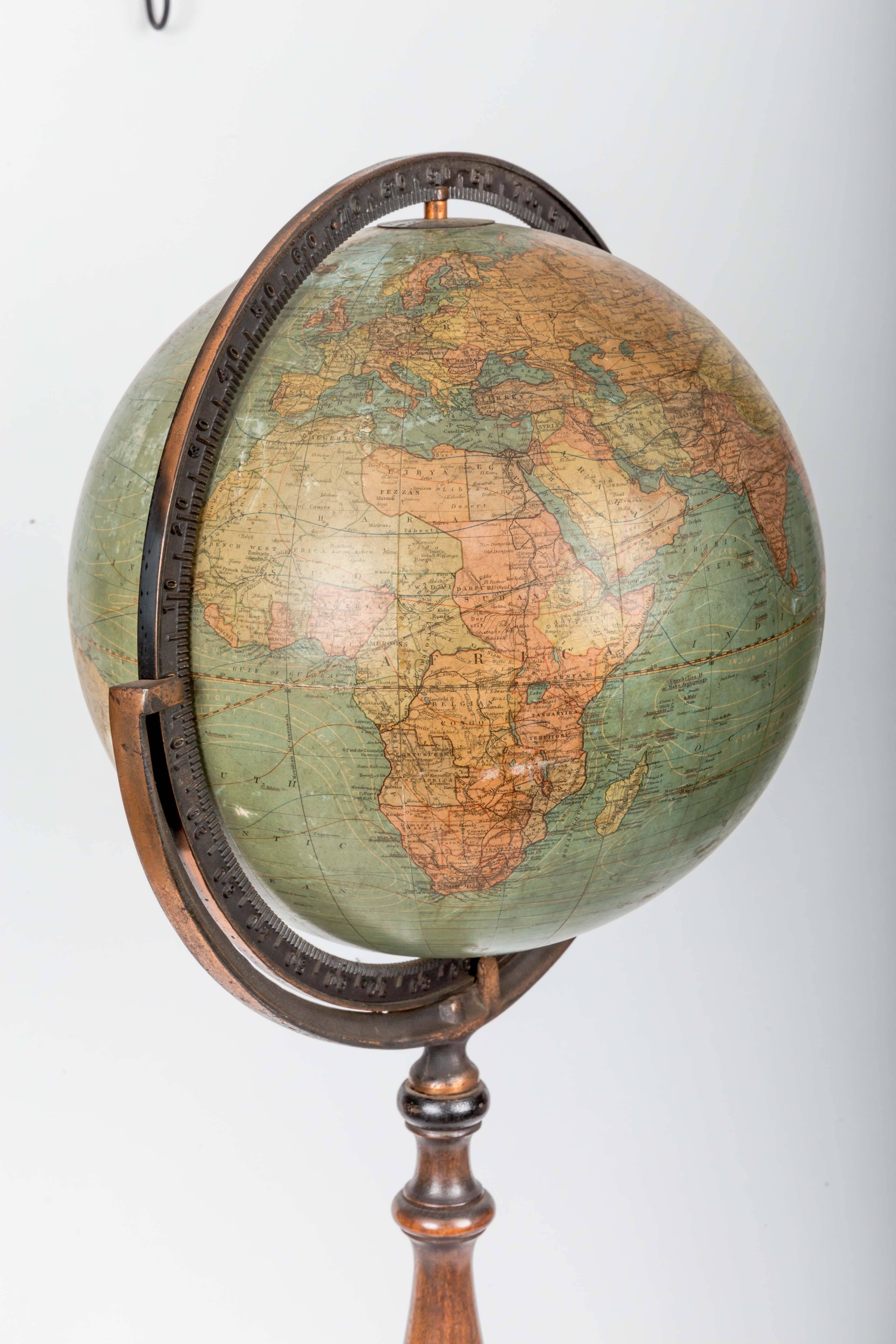Early 20th Century Terrestrial Globe on Turned Walnut Stand In Excellent Condition In New York City, NY