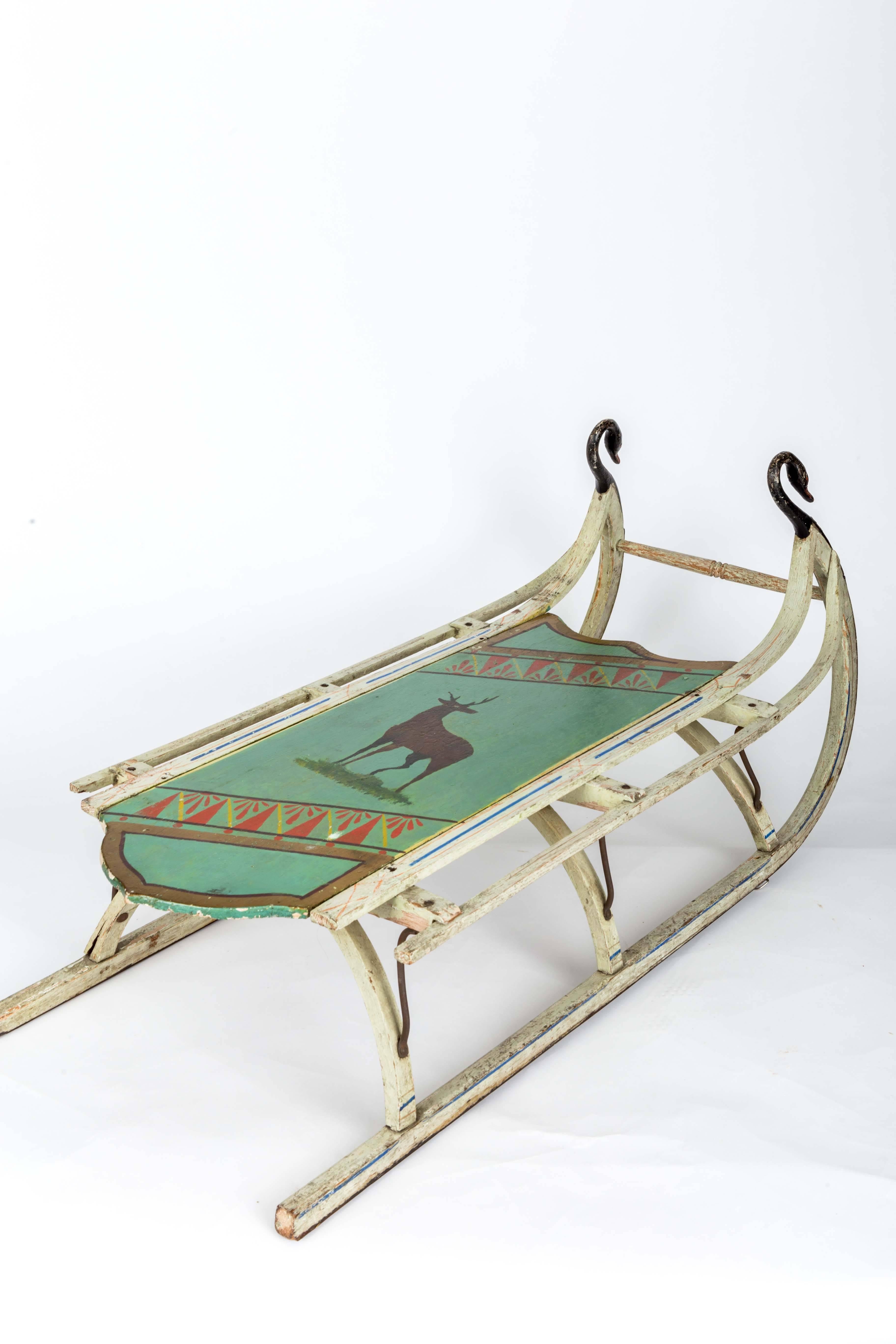 Folk Art 19th-Century Wooden Sled with Original Paint and Iron Swan Runners
