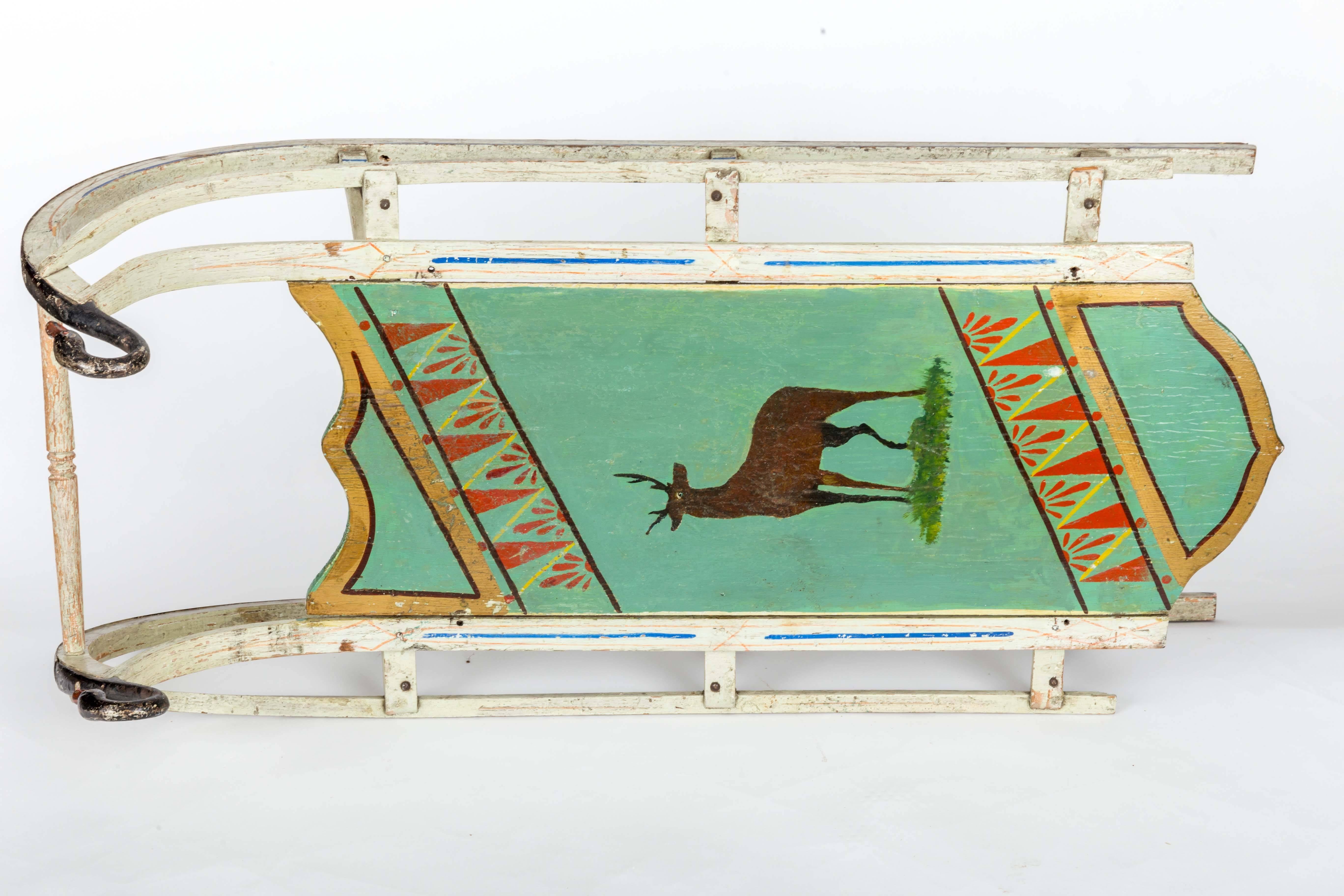 Painted 19th-Century Wooden Sled with Original Paint and Iron Swan Runners