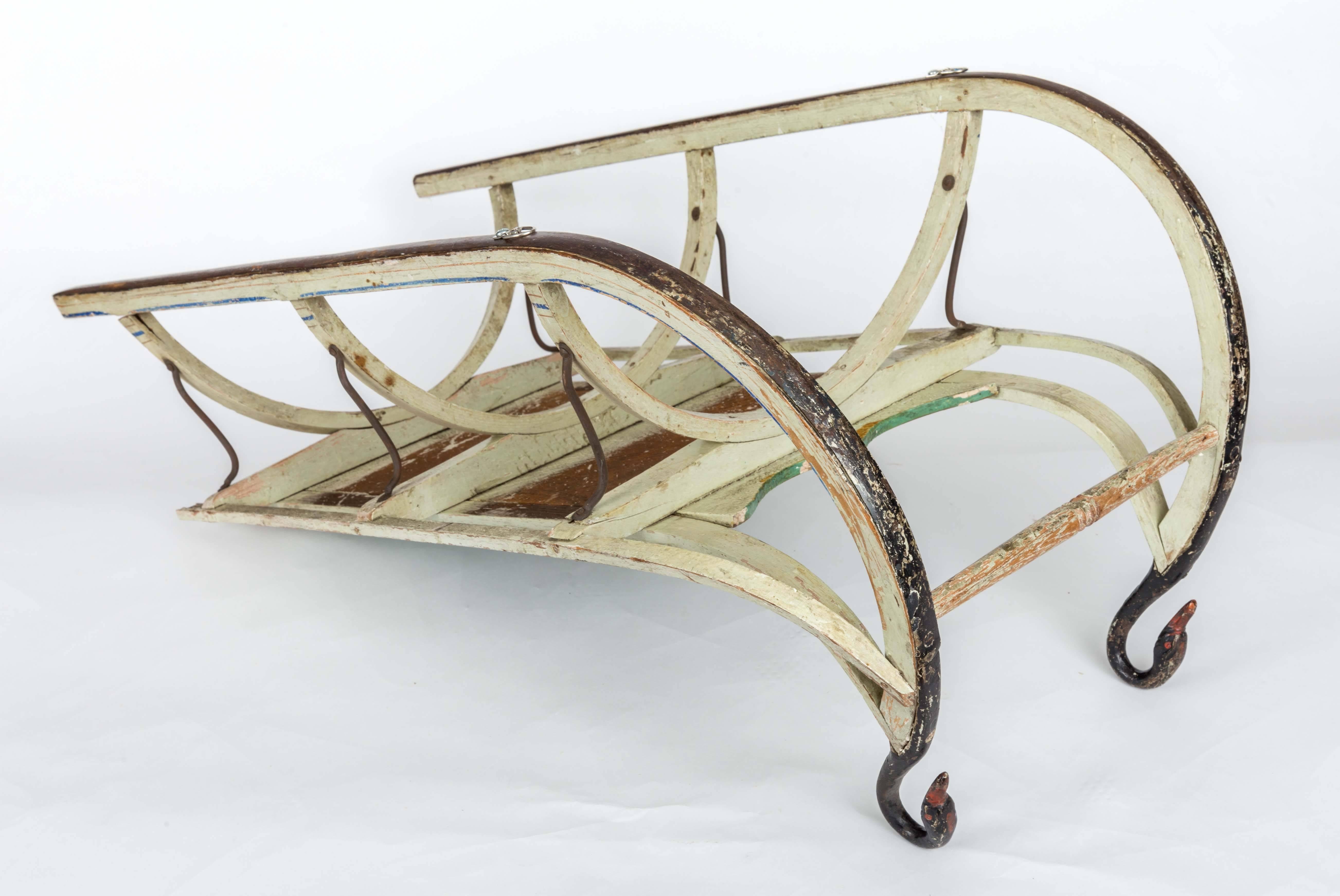 19th-Century Wooden Sled with Original Paint and Iron Swan Runners In Excellent Condition In New York City, NY