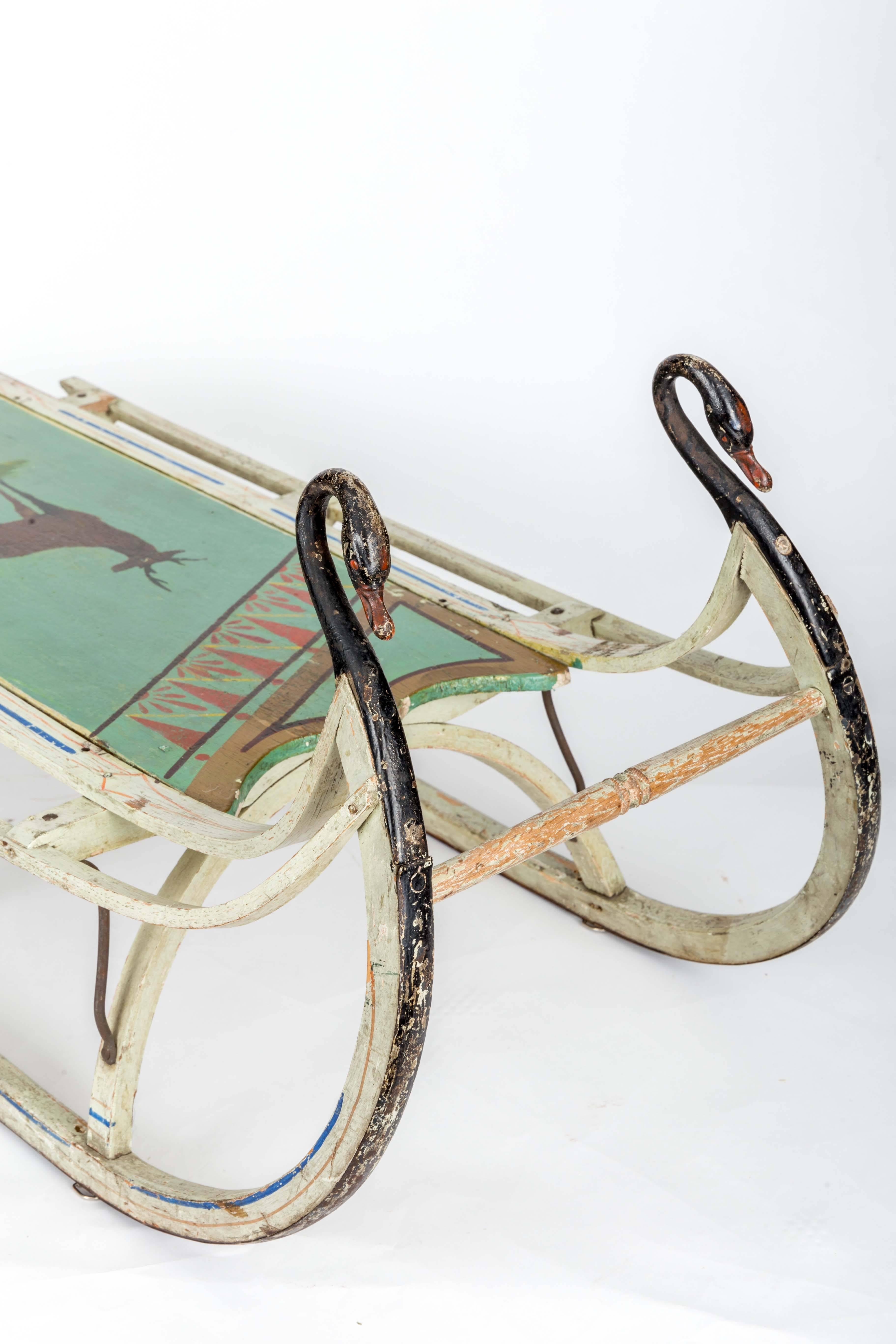 19th Century 19th-Century Wooden Sled with Original Paint and Iron Swan Runners