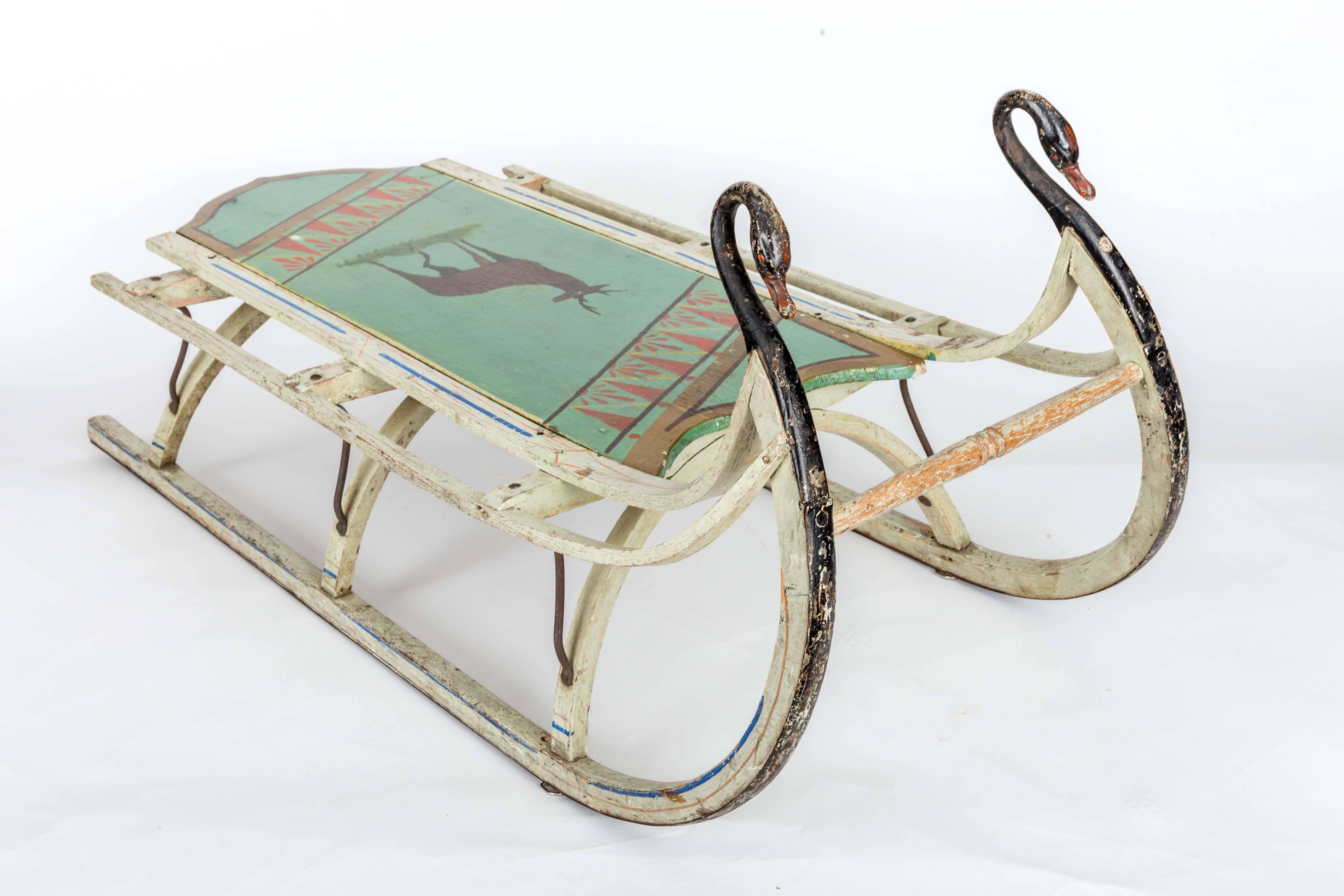 19th-Century Wooden Sled with Original Paint and Iron Swan Runners 1