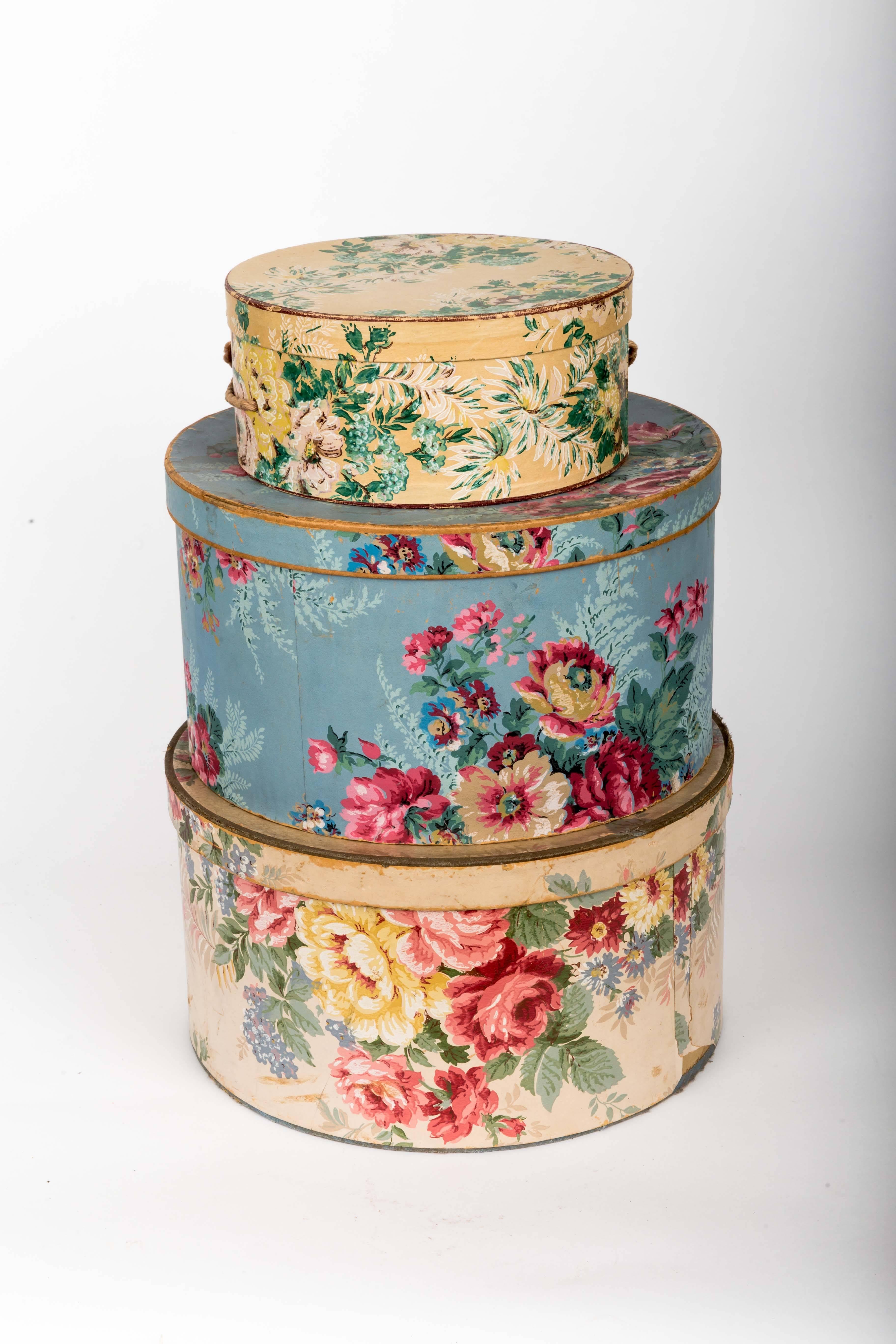 Antique wallpaper covered band boxes. Small: 8 H x 14 W.
Medium: 9 H x 15 W.
Large: 10 H x 5 W.