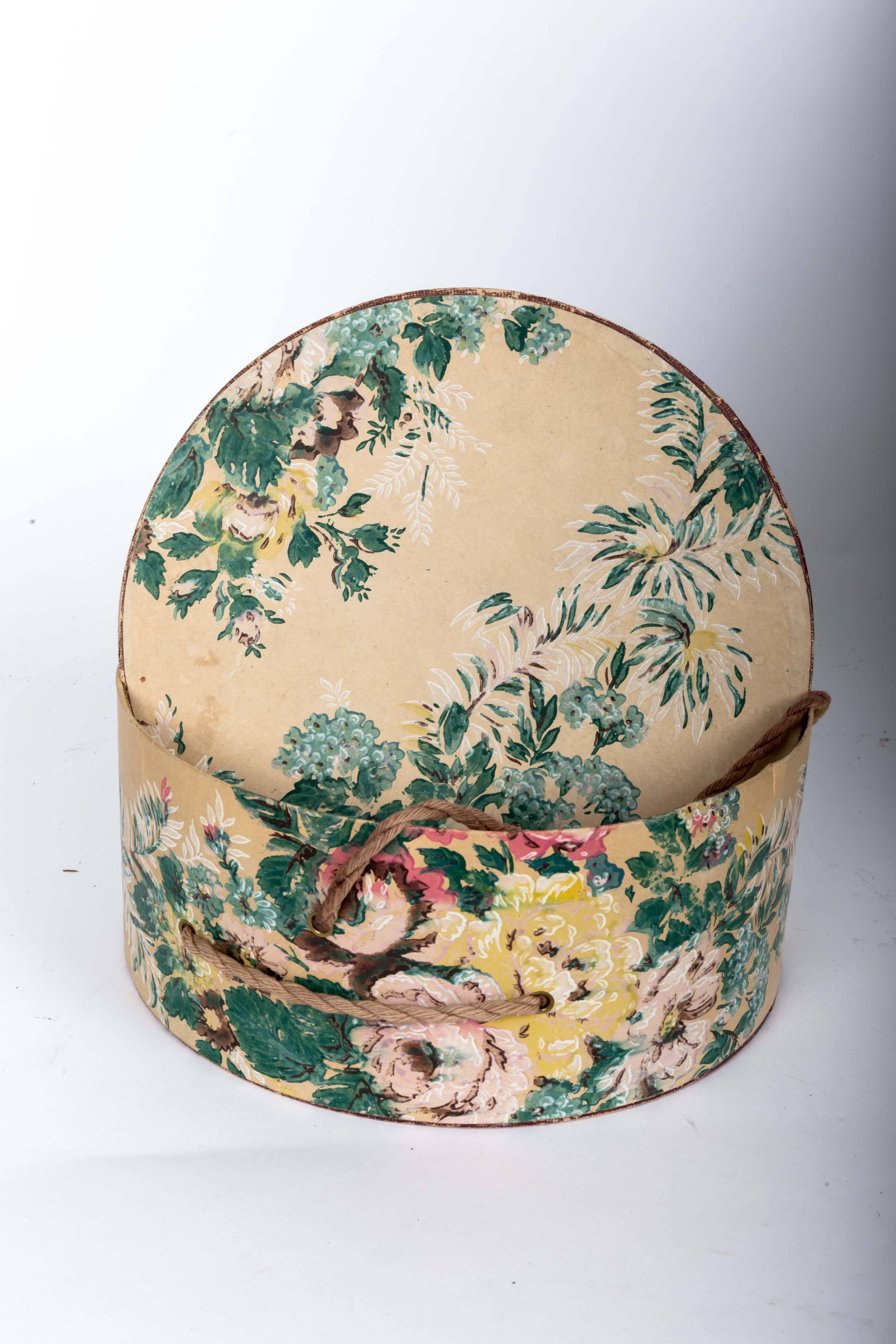 Folk Art Antique Wallpaper Covered Band Boxes For Sale