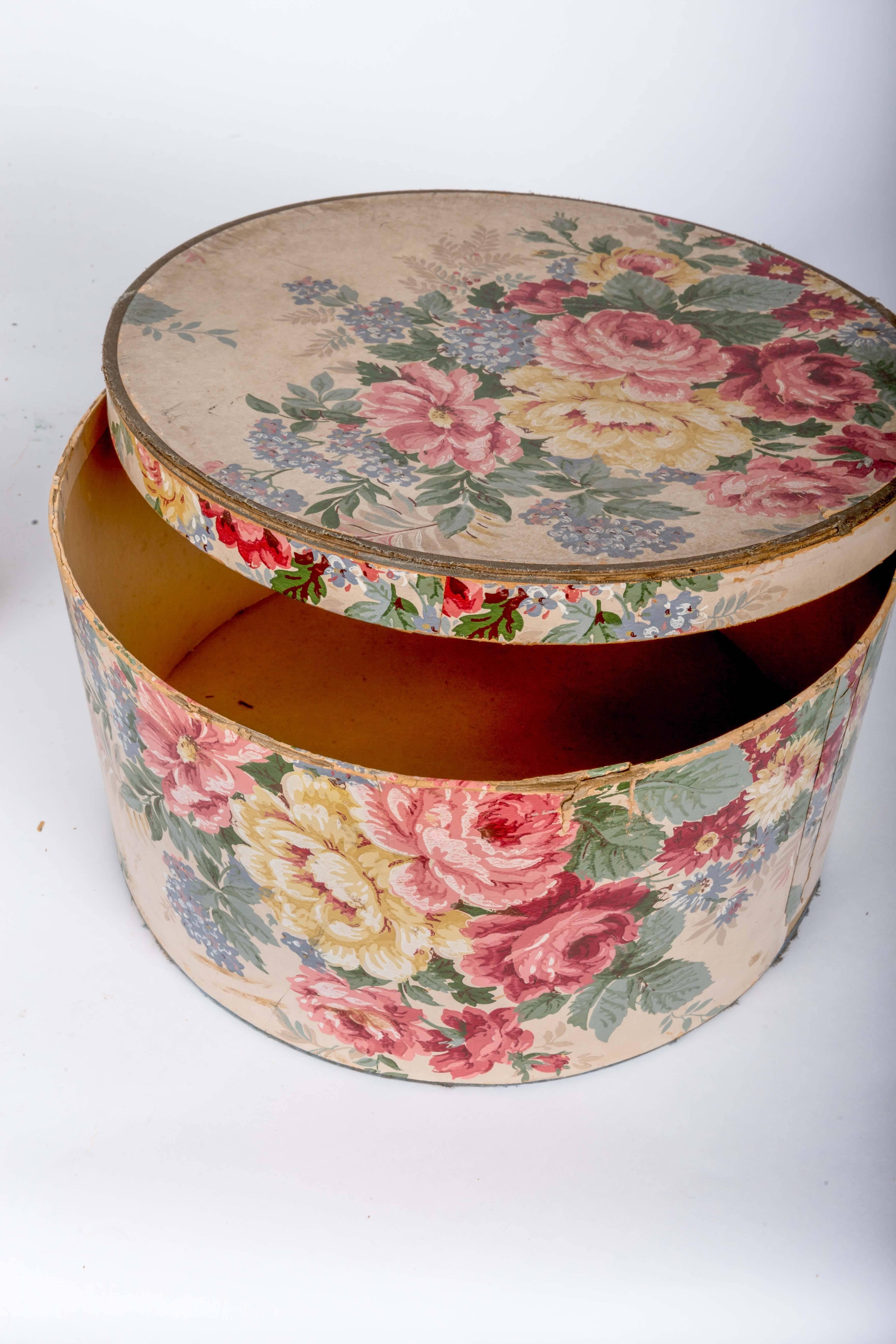 20th Century Antique Wallpaper Covered Band Boxes For Sale