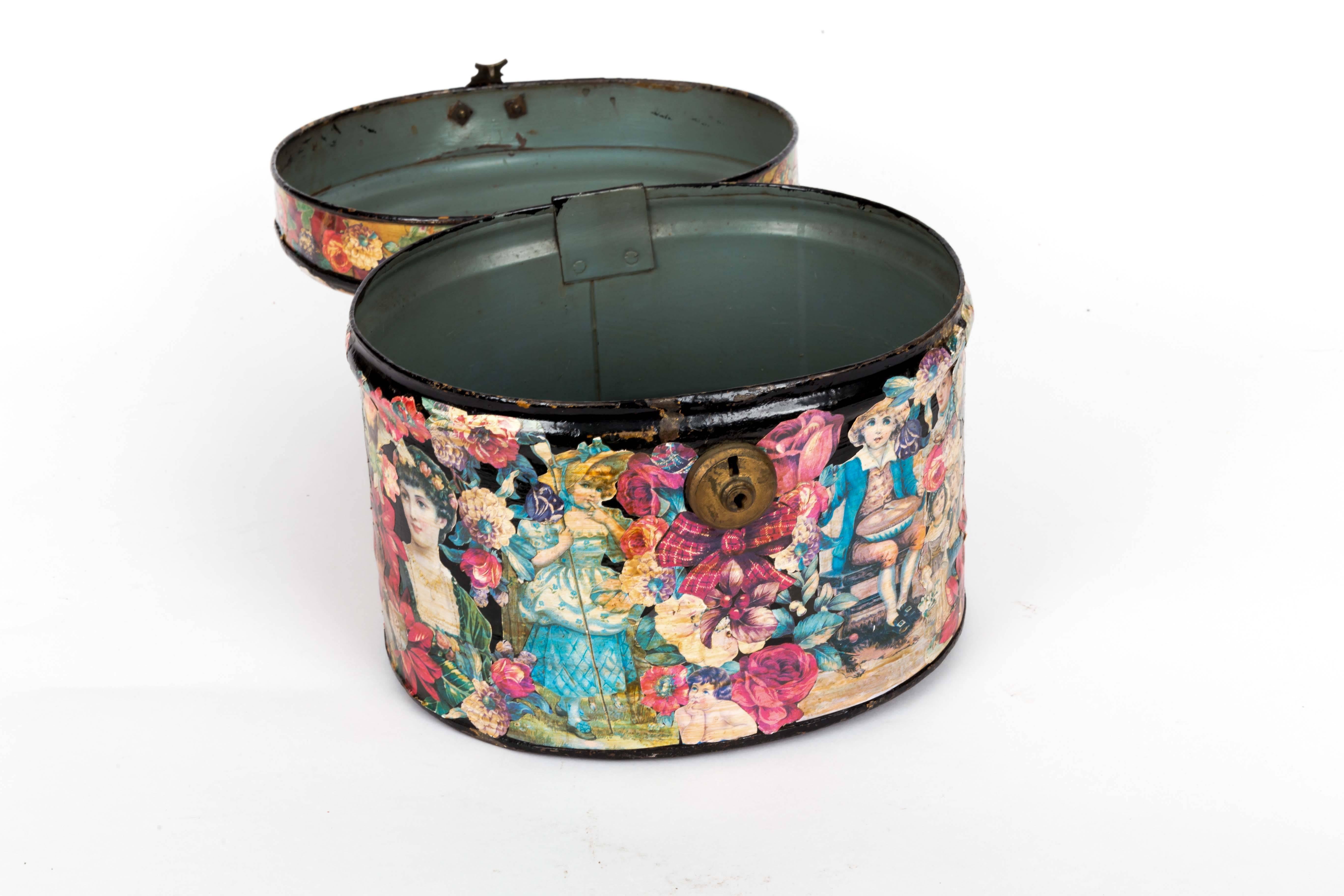 19th century Decoupage Tole hat box with colorful paper cut-out.