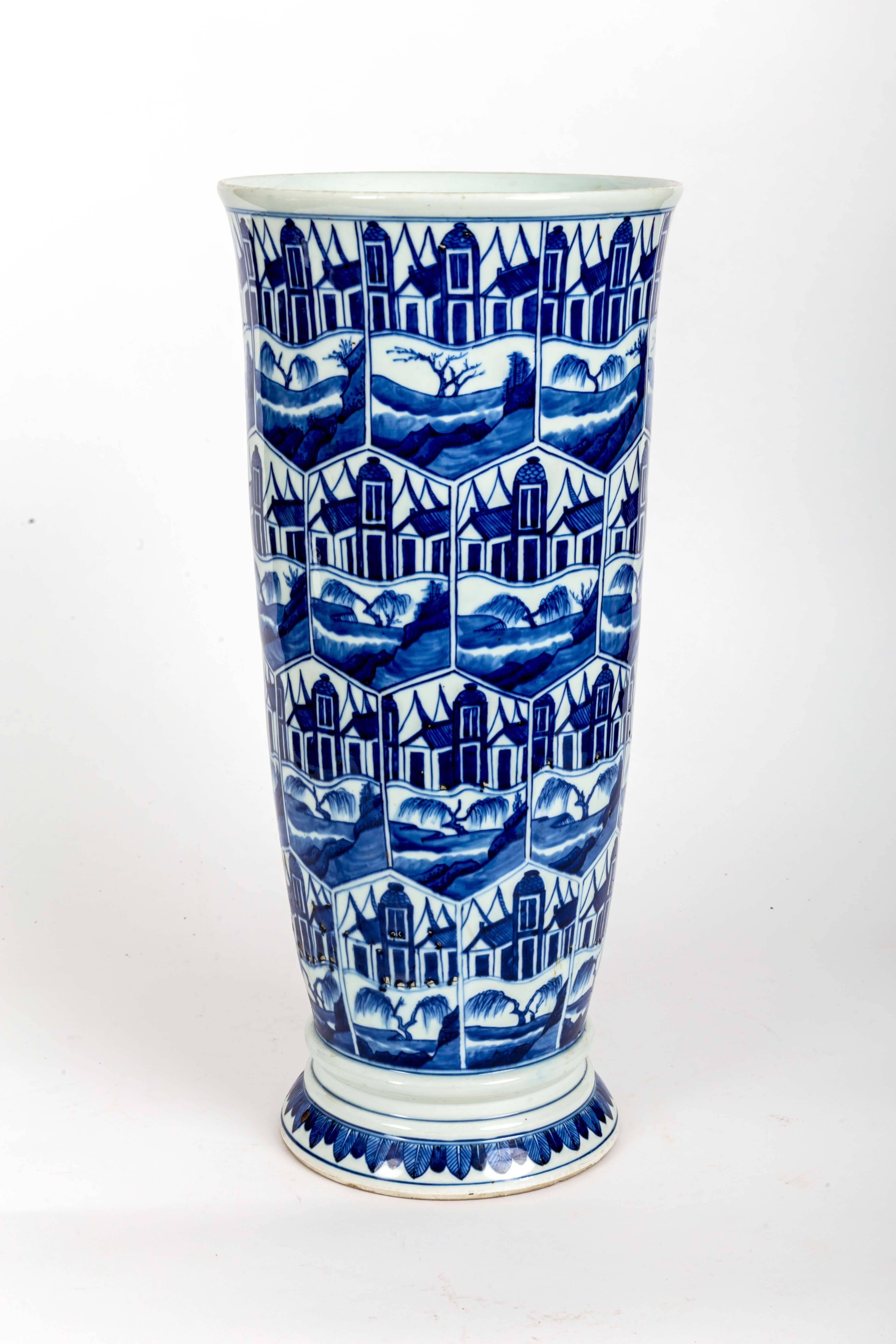 Chinese Export Pair of Blue and White Delft-Style Chinese Umbrella Stand