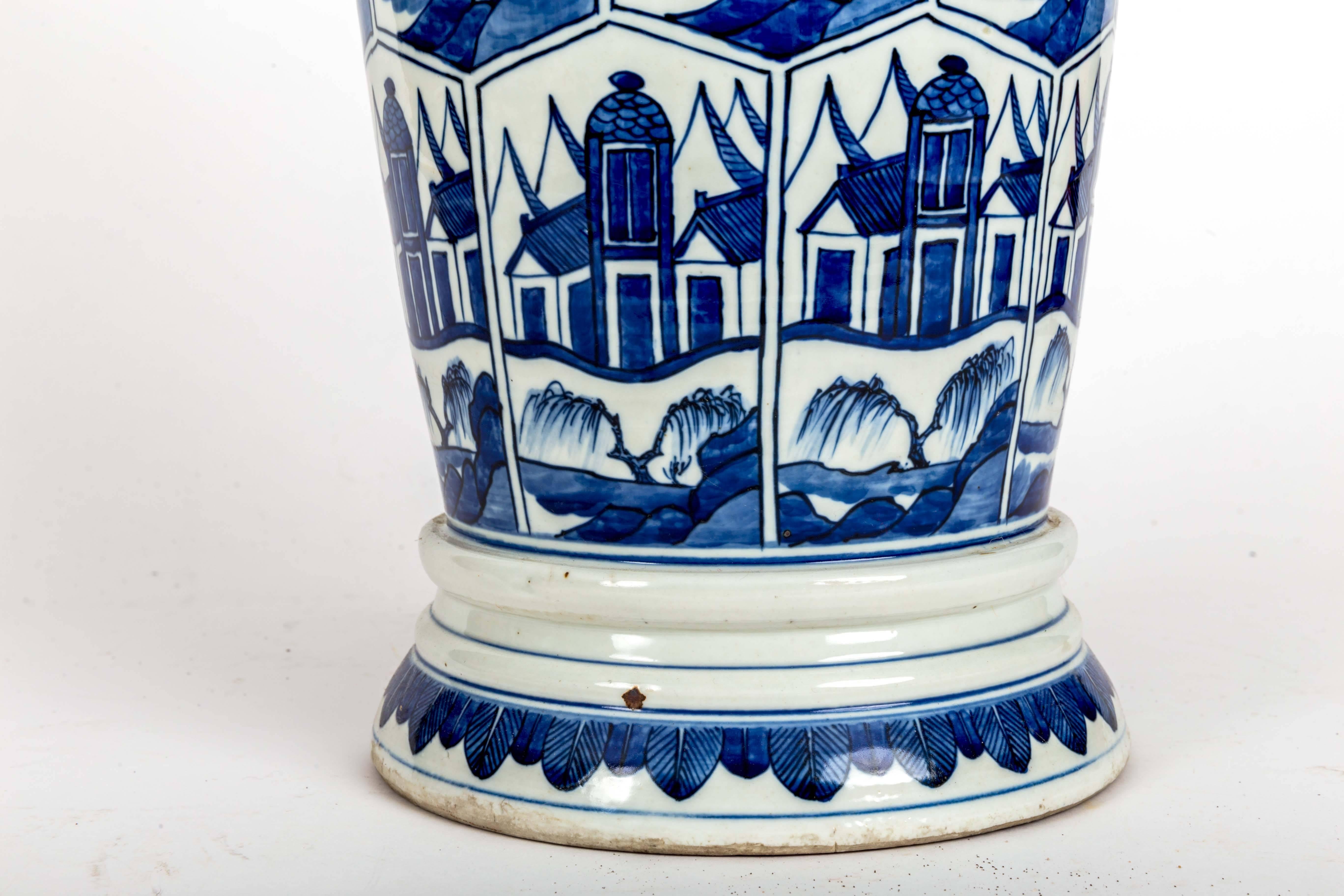 Pair of Blue and White Delft-Style Chinese Umbrella Stand 4