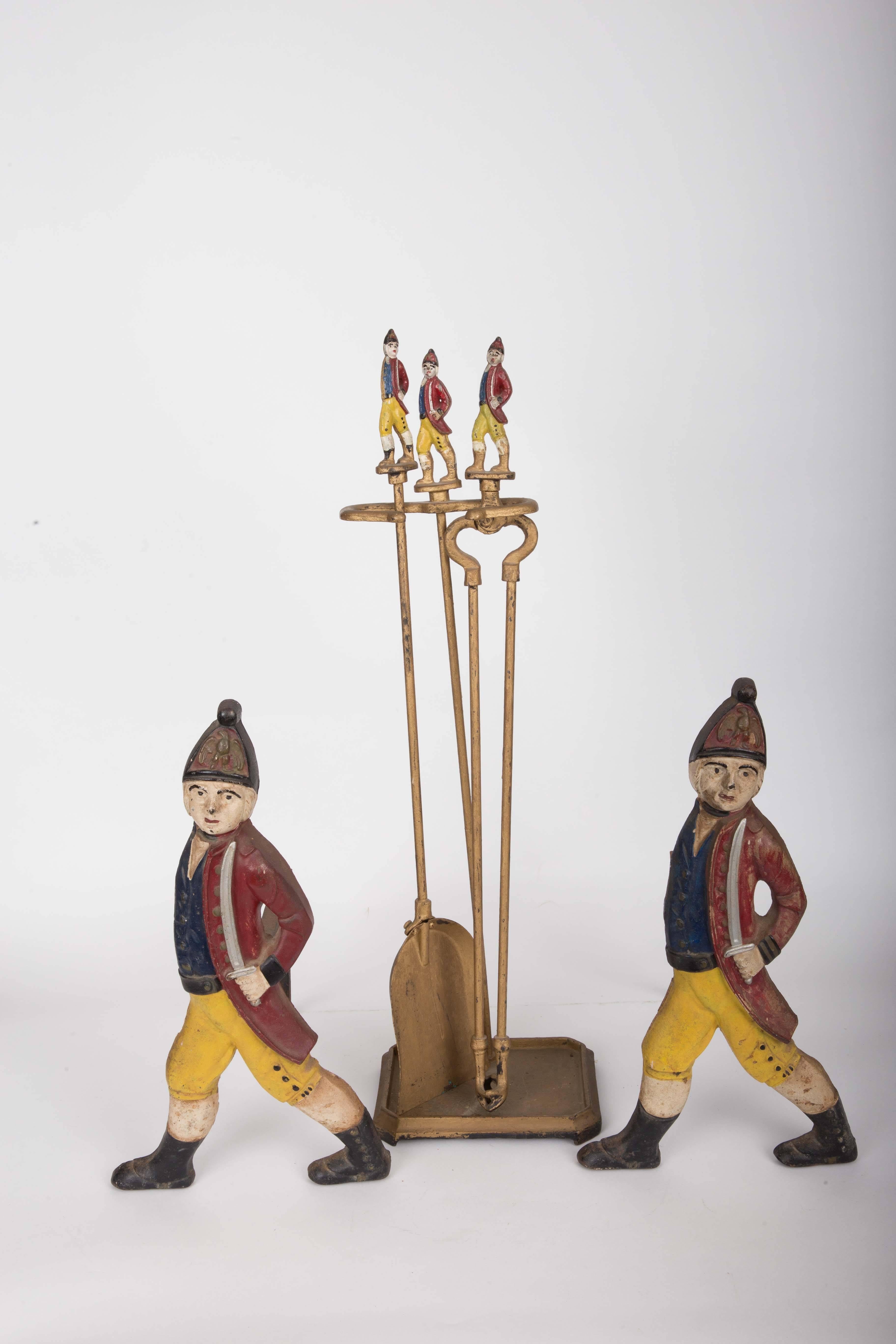 20th Century Set of Hessian Soldier Andirons with Matching Fire Tools and Stand