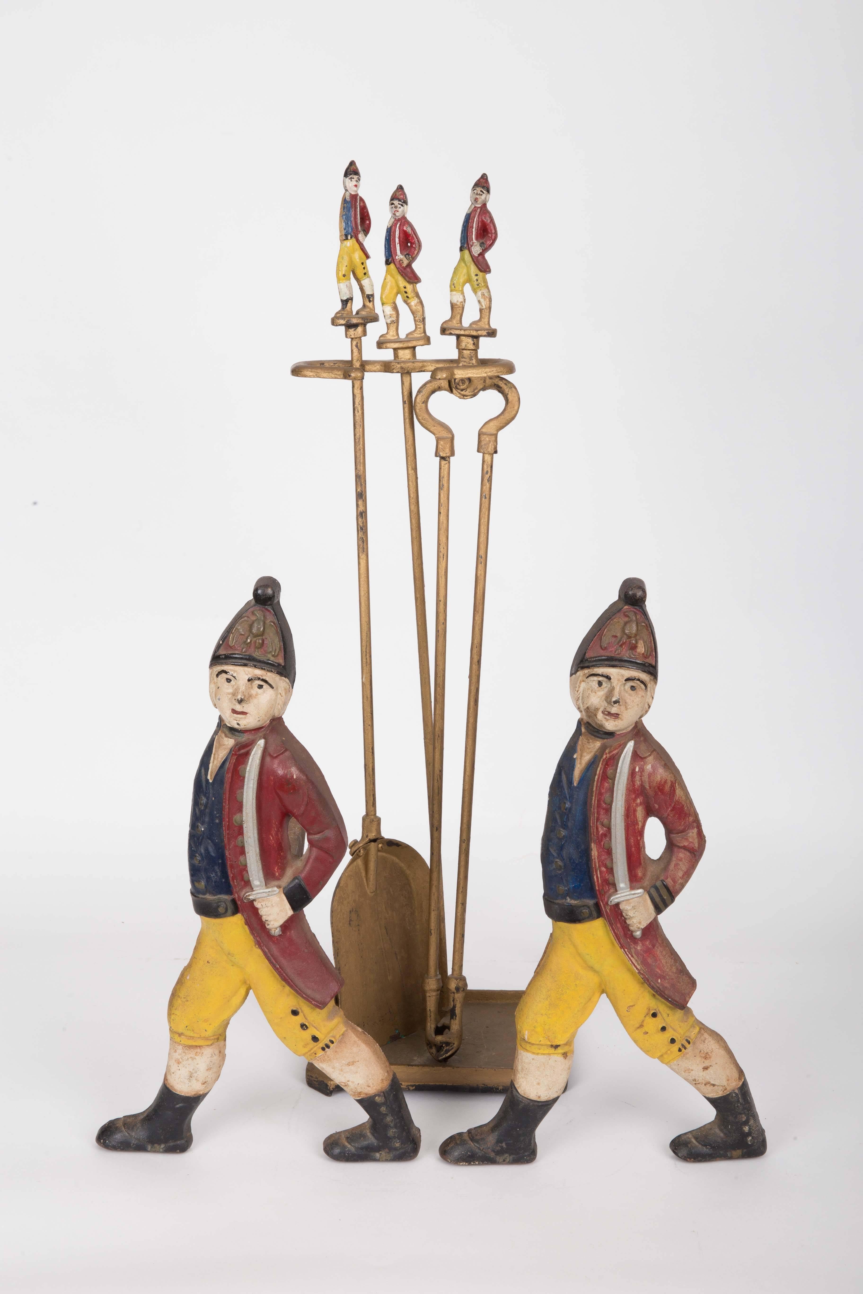 Set of Hessian Soldier Andirons with Matching Fire Tools and Stand 1