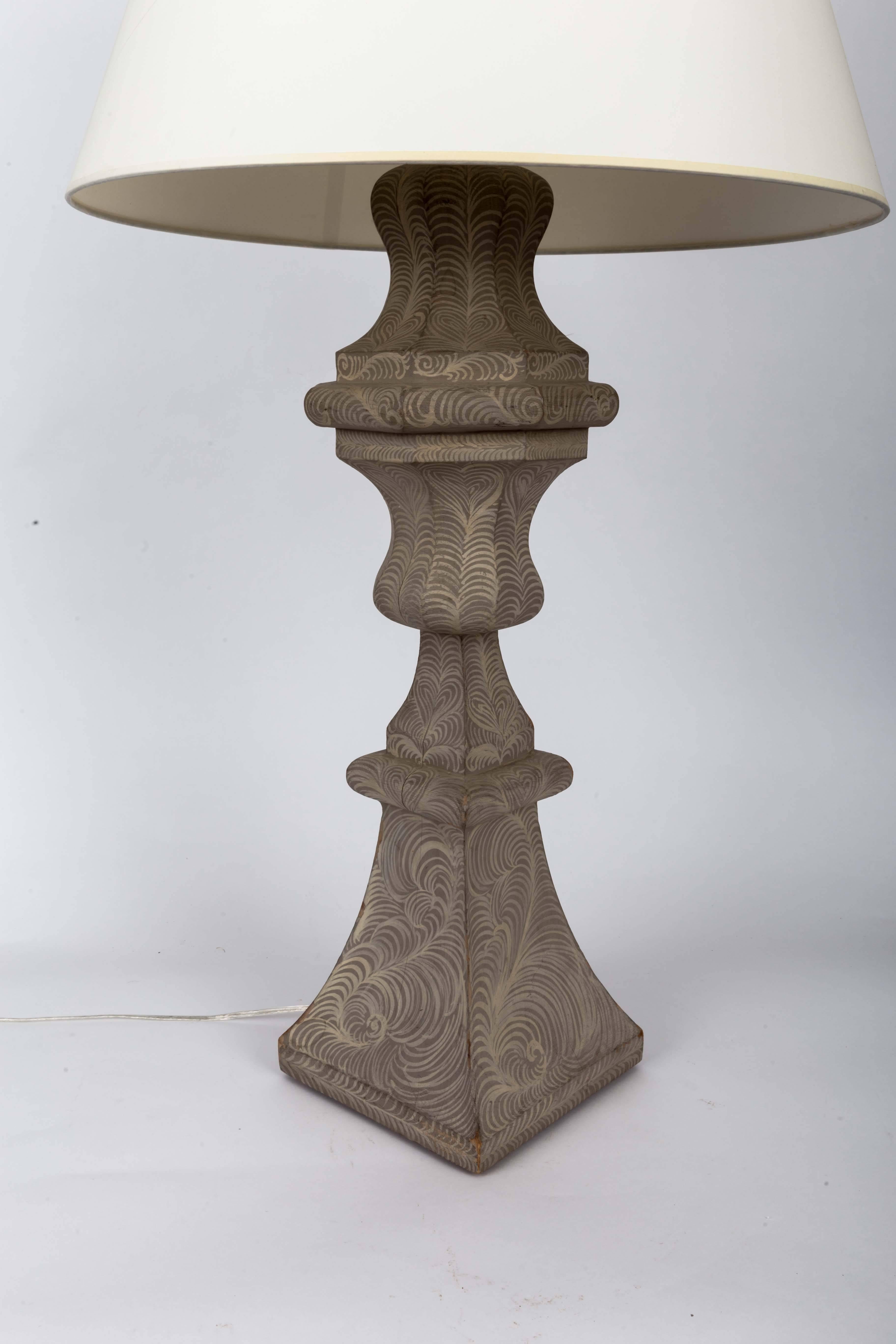 19th-century turned wood baluster with grey paint finish, electrified as a lamp.