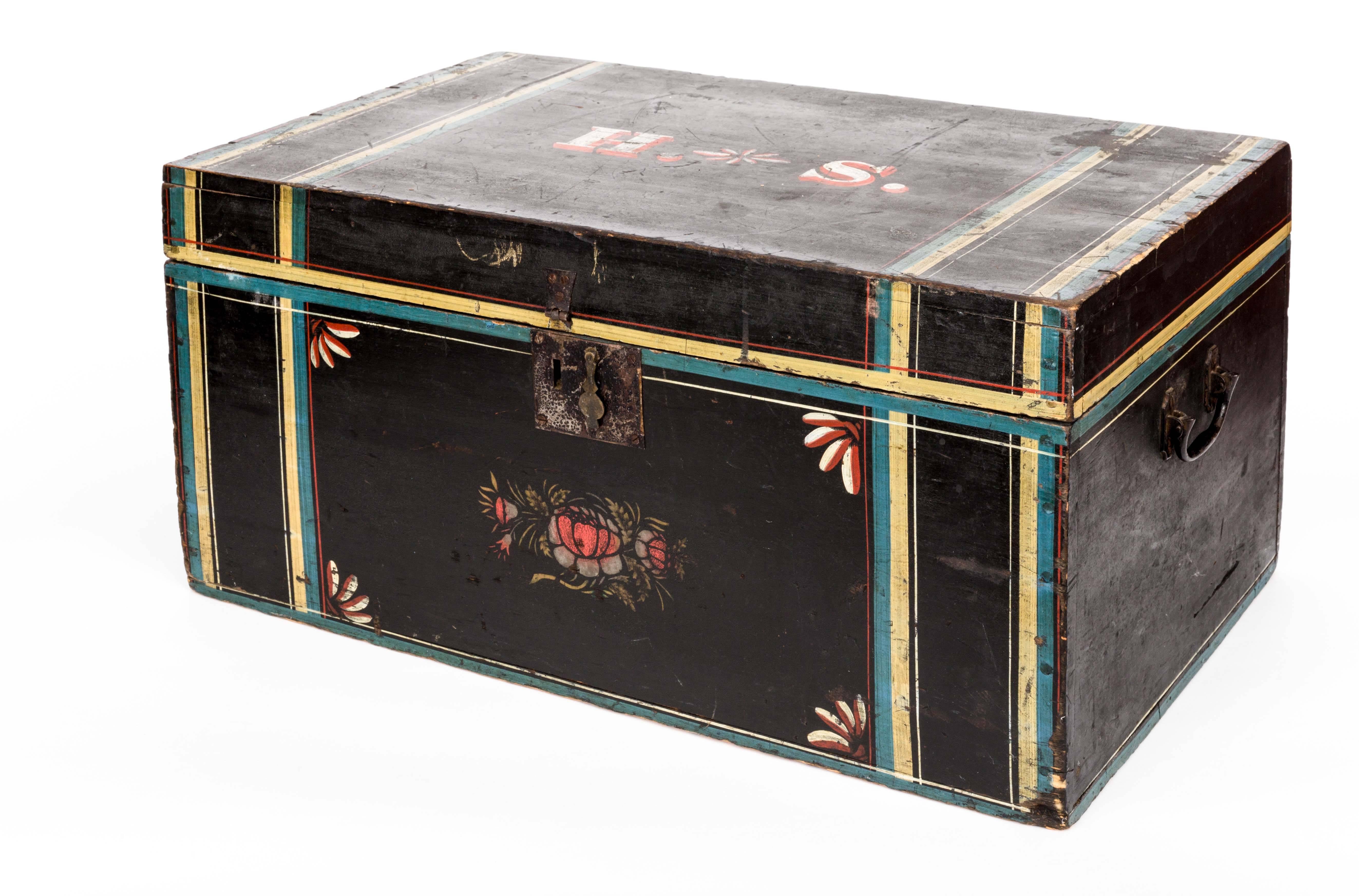 Folk Art American Paint Decorated Wood Chest For Sale