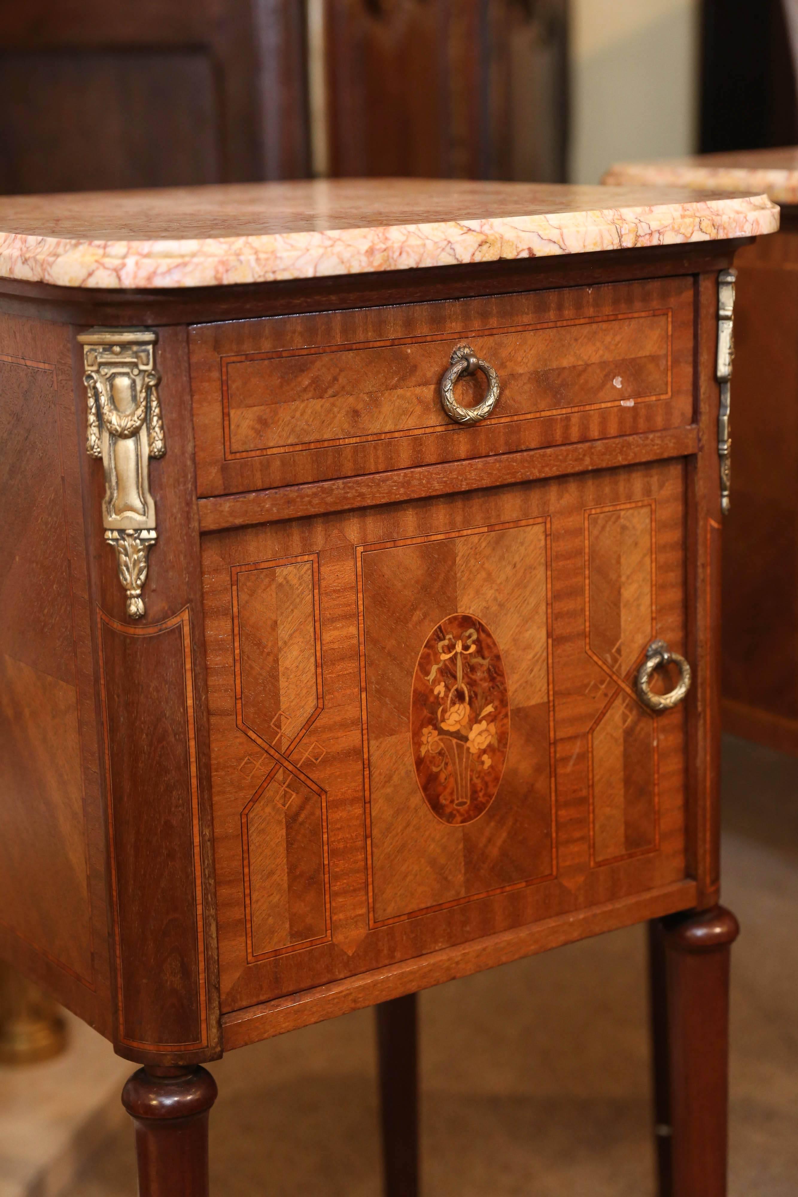 Marquetry Pair of French Bedside Cabinets, 20th Century Kingwood with Marble Tops