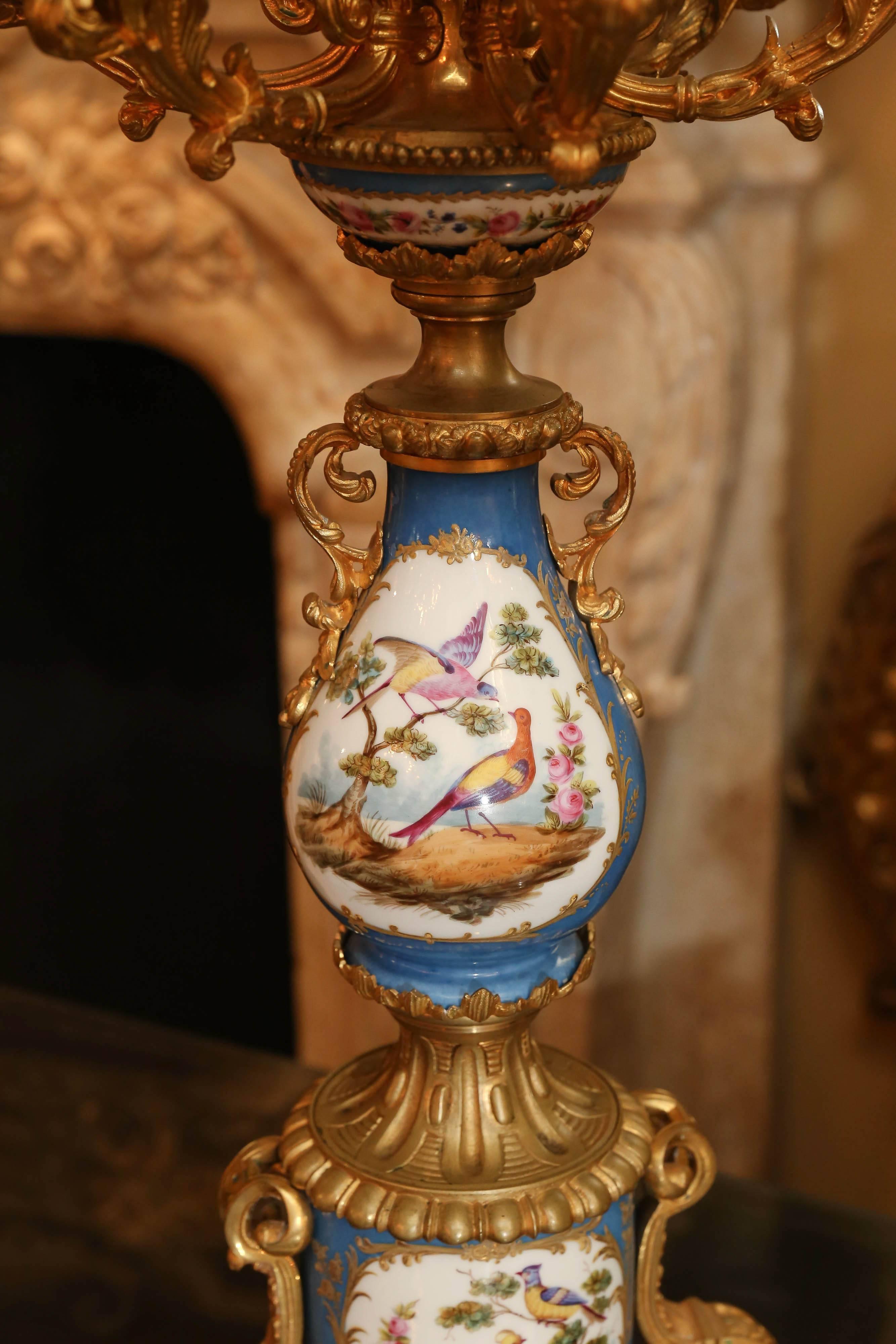 French Pair of Sevres Porcelain and Bronze Dore Candelabra in Celeste Blue