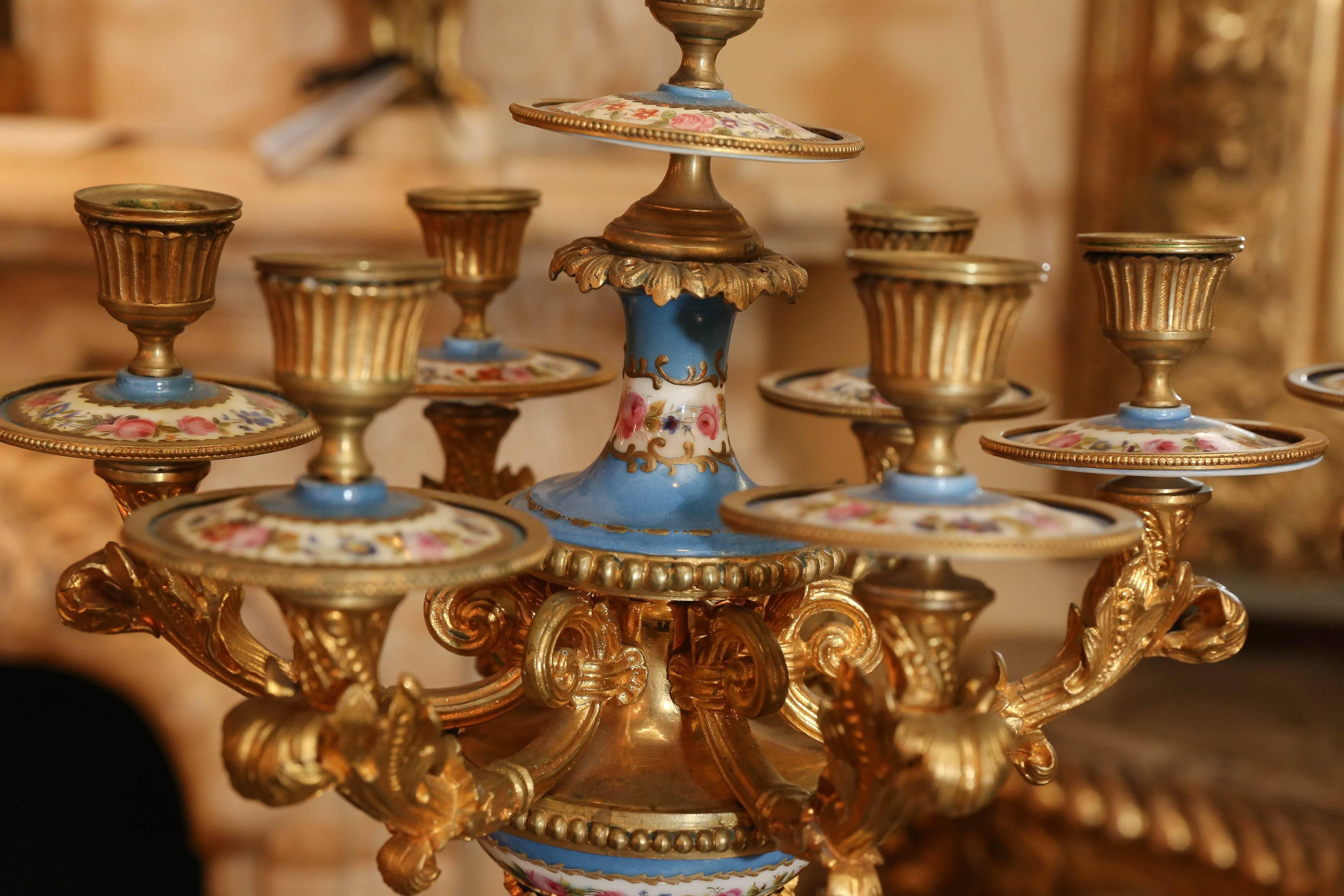 Pair of Sevres Porcelain and Bronze Dore Candelabra in Celeste Blue In Excellent Condition In Houston, TX