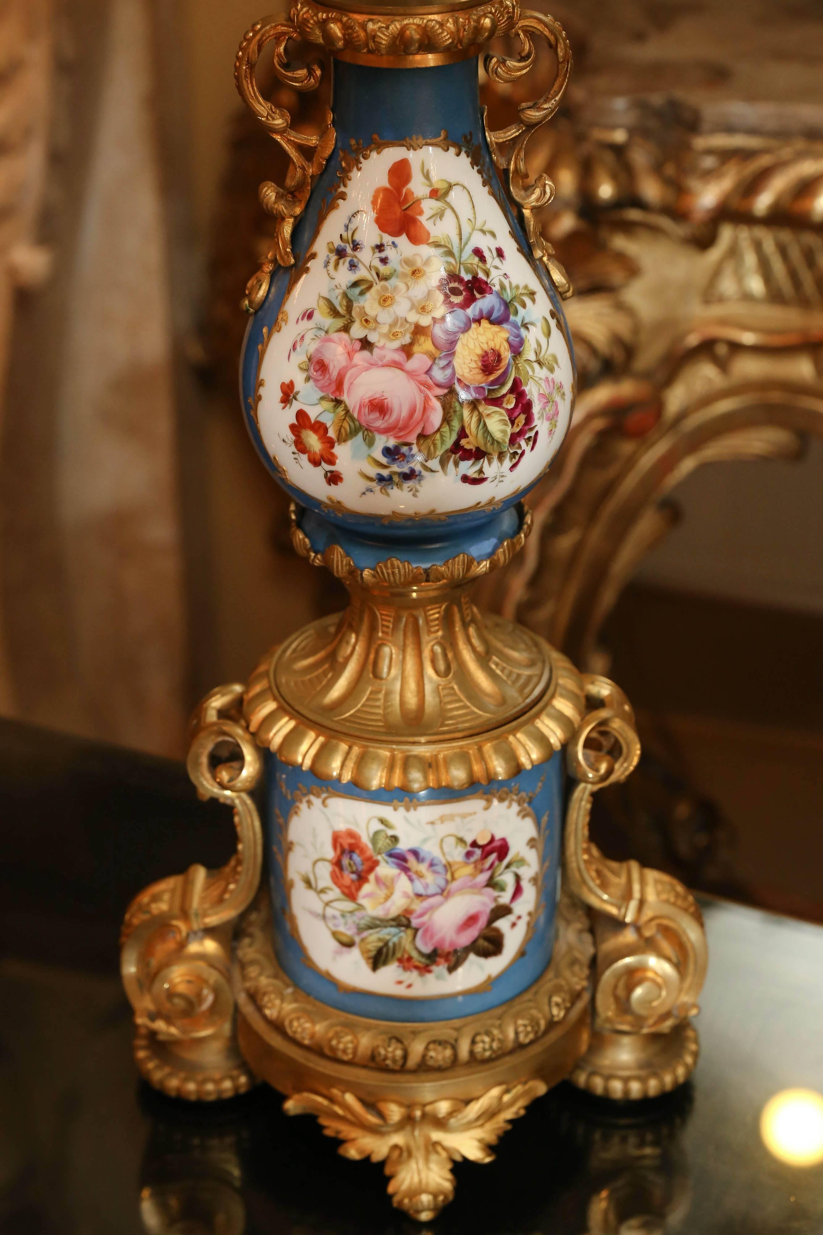 Pair of Sevres Porcelain and Bronze Dore Candelabra in Celeste Blue 3