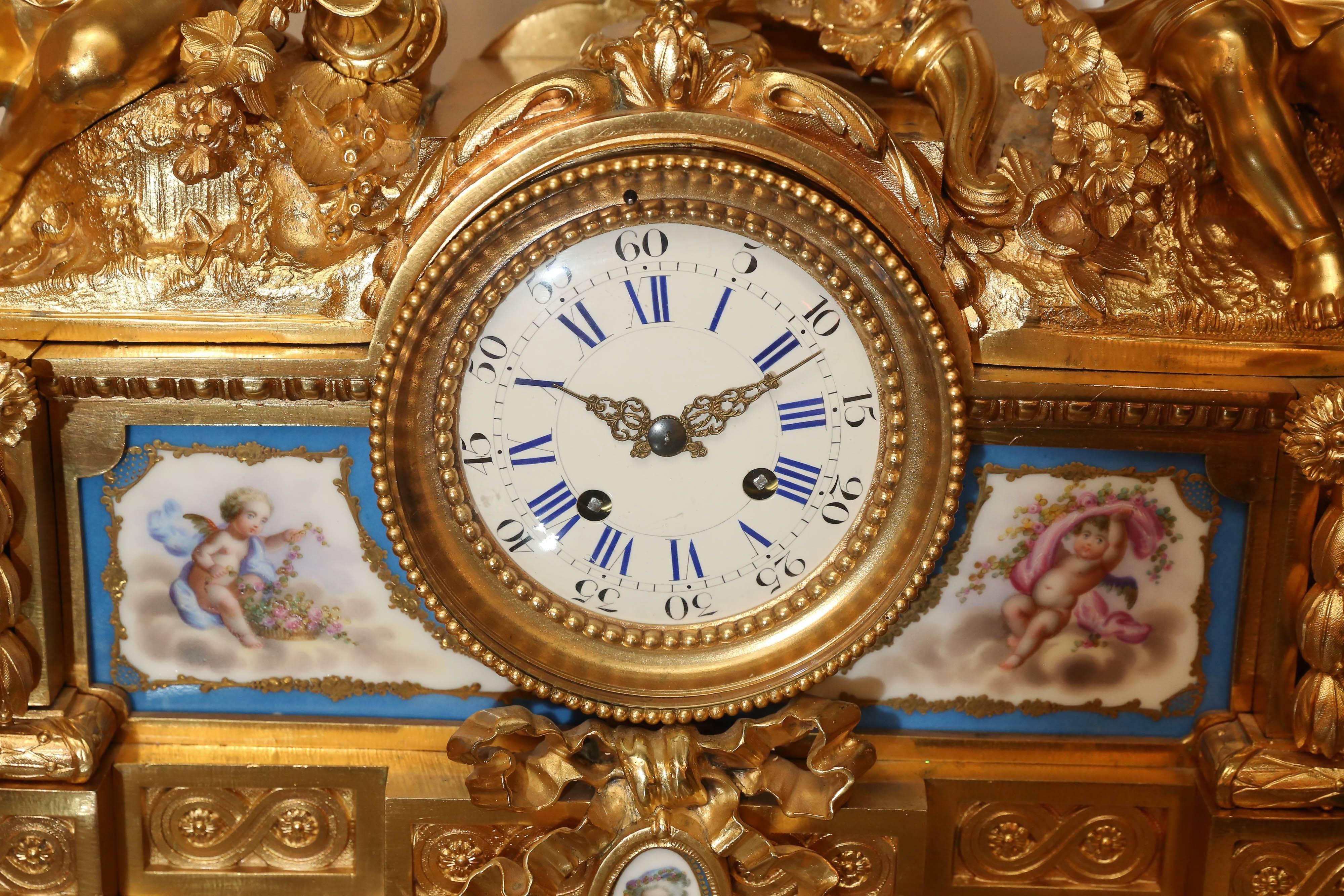 Gilt French Bronze Doré Clock with Sevres Porcelain in Celeste Blue For Sale