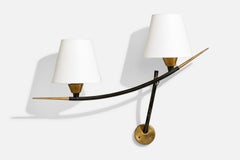French Designer, Wall Light, Brass, Metal, Fabric, France, 1950s