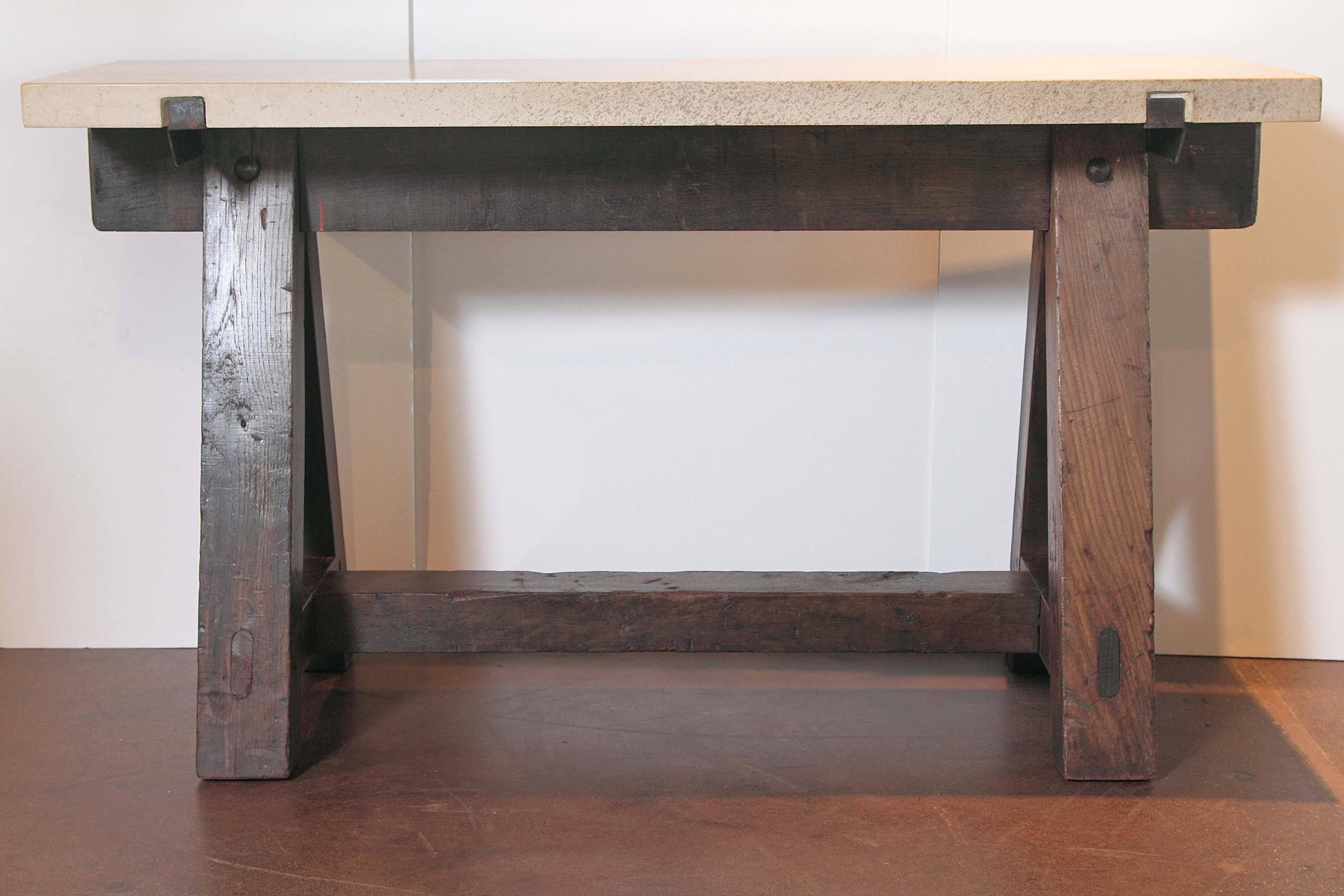 Dark pine French saw horse entry tables, circa 1910.

Antique dark tone brown coloration with middle insert connected to 