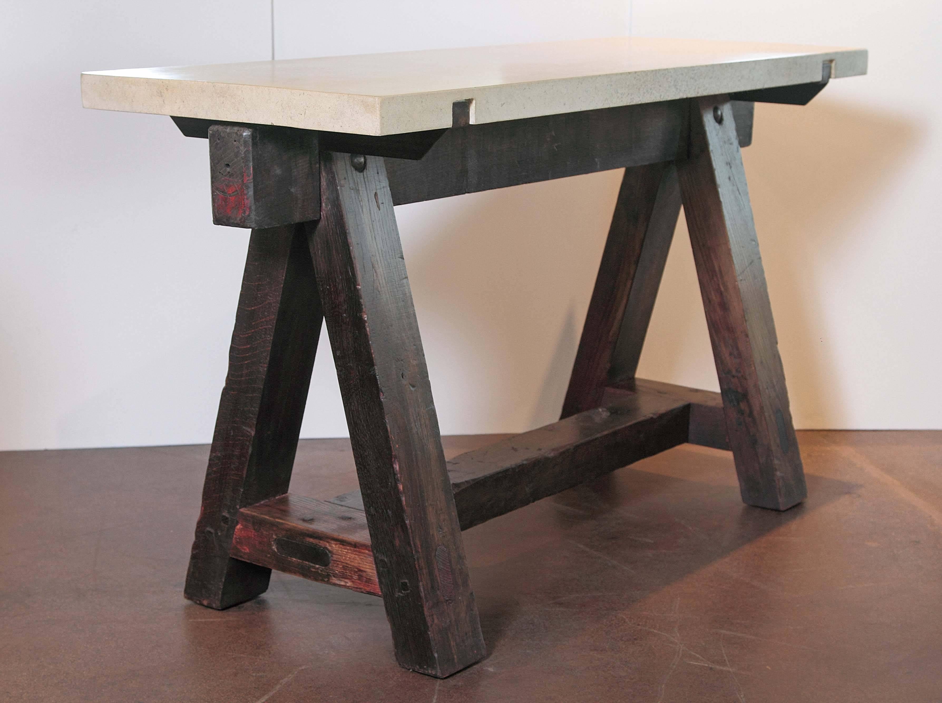 Rustic Antique Dark Pine French Saw Horse Entry Tables