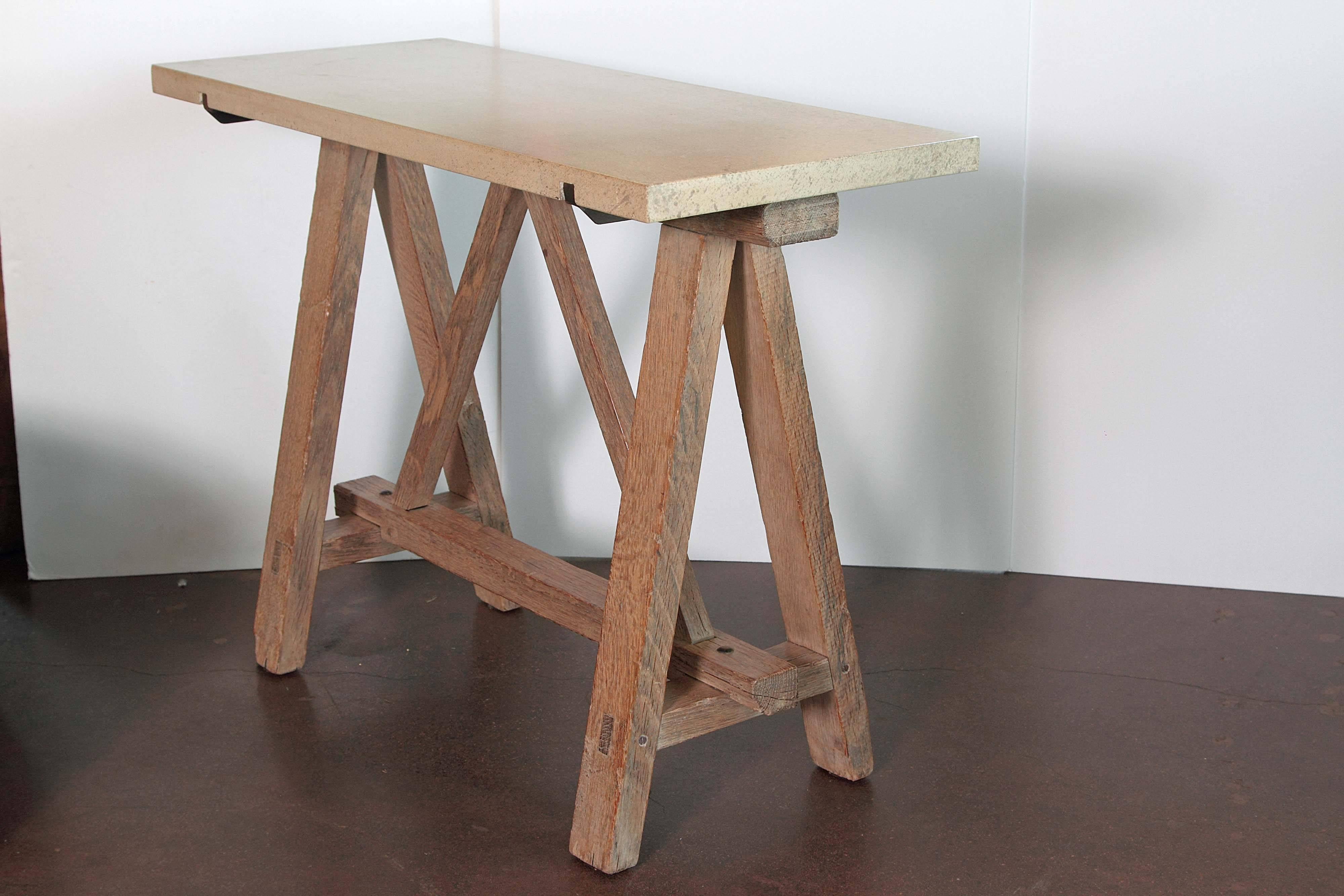 Industrial Antique French Blond Oak Saw Horse Entry Tables, circa 1910