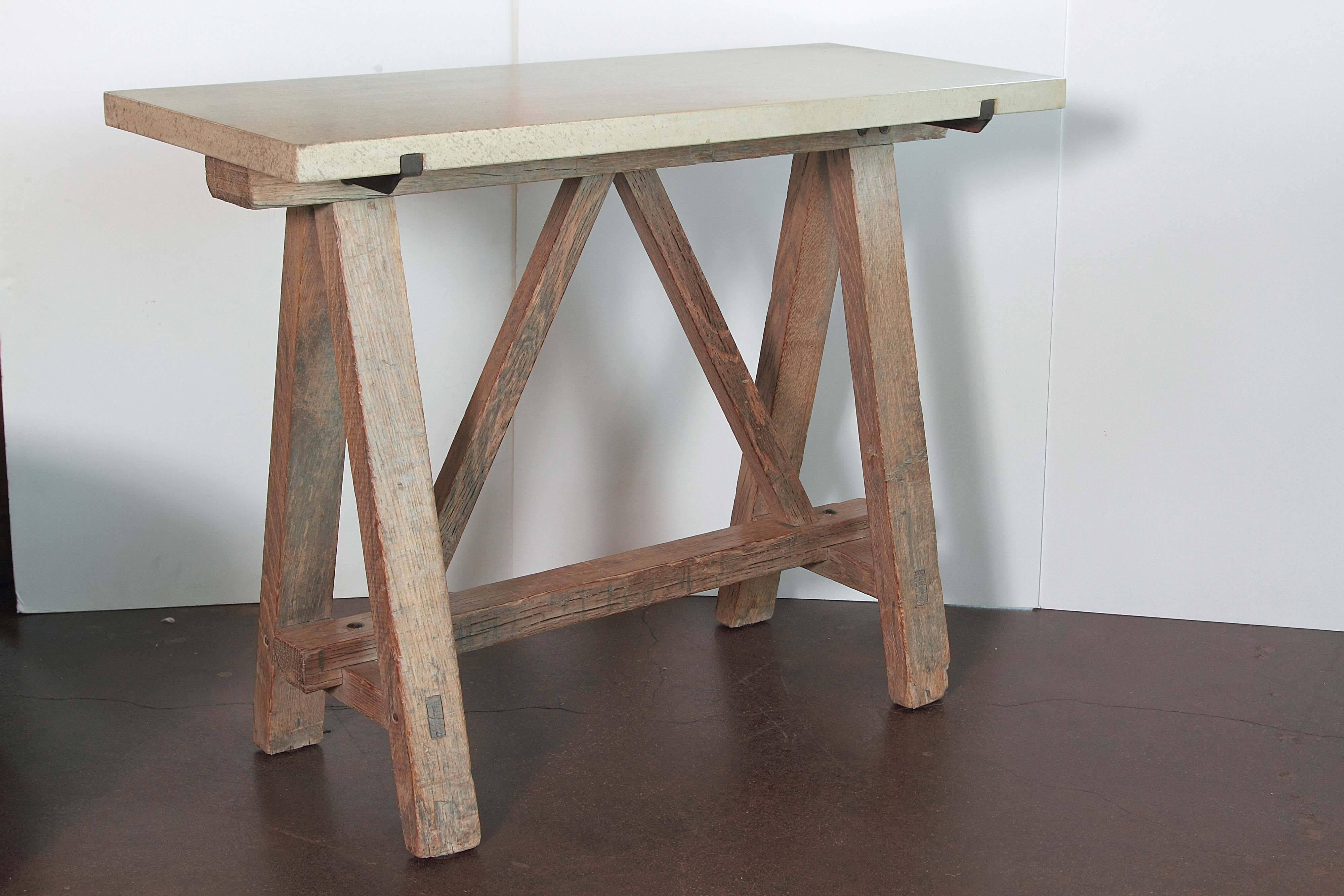 Limestone Antique French Blond Oak Saw Horse Entry Tables, circa 1910