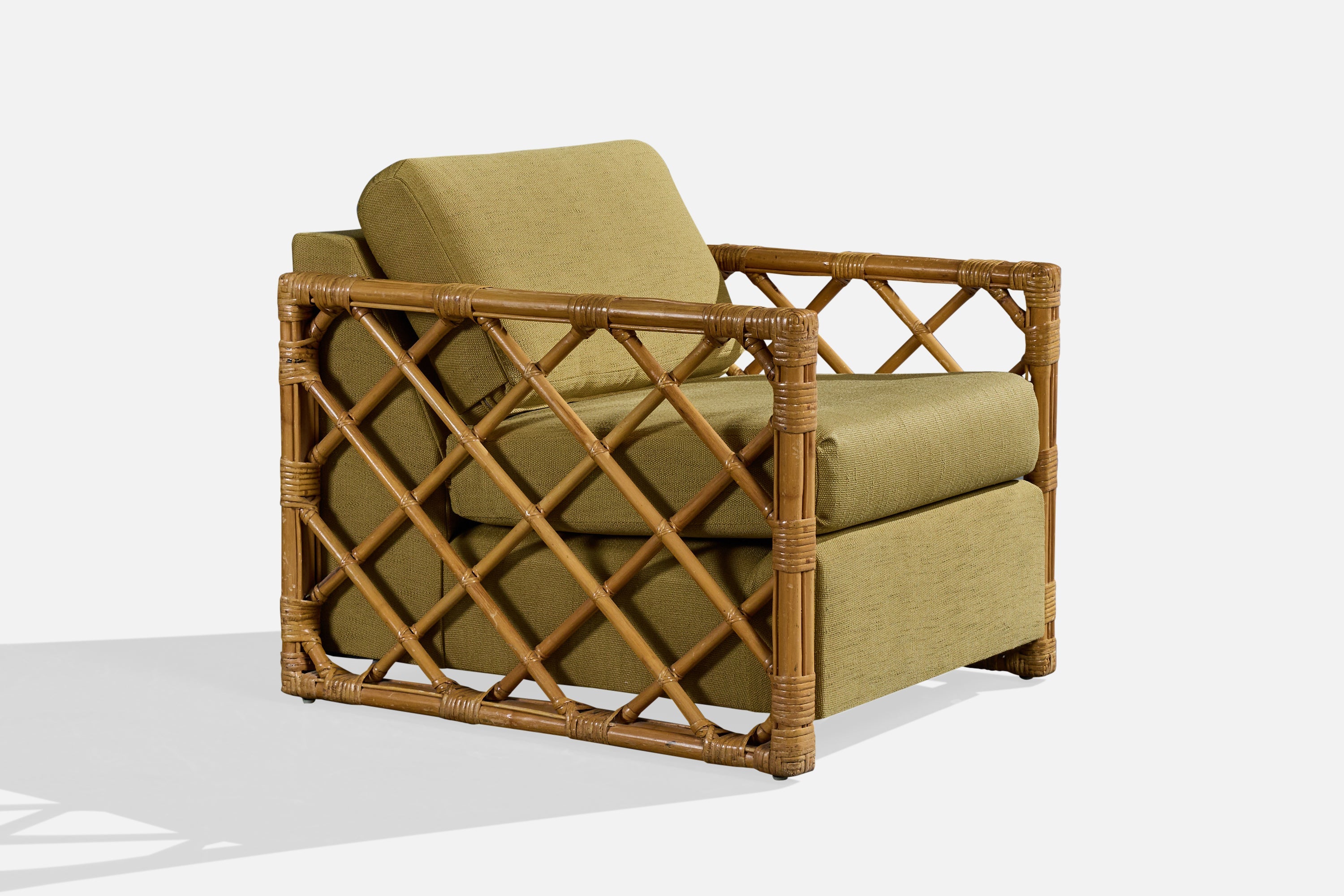 American Designer, Lounge Chair, Bamboo, Rattan, Fabric, USA, 1960s