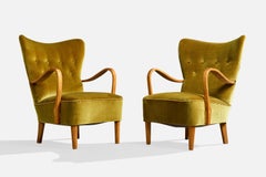 Schwedischer Designer, Loungesessel, Birke, Samt, Schweden, 1940er Jahre