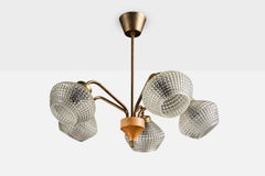 Swedish Designer, Chandelier, Brass, Wood, Glass, Sweden, 1950s