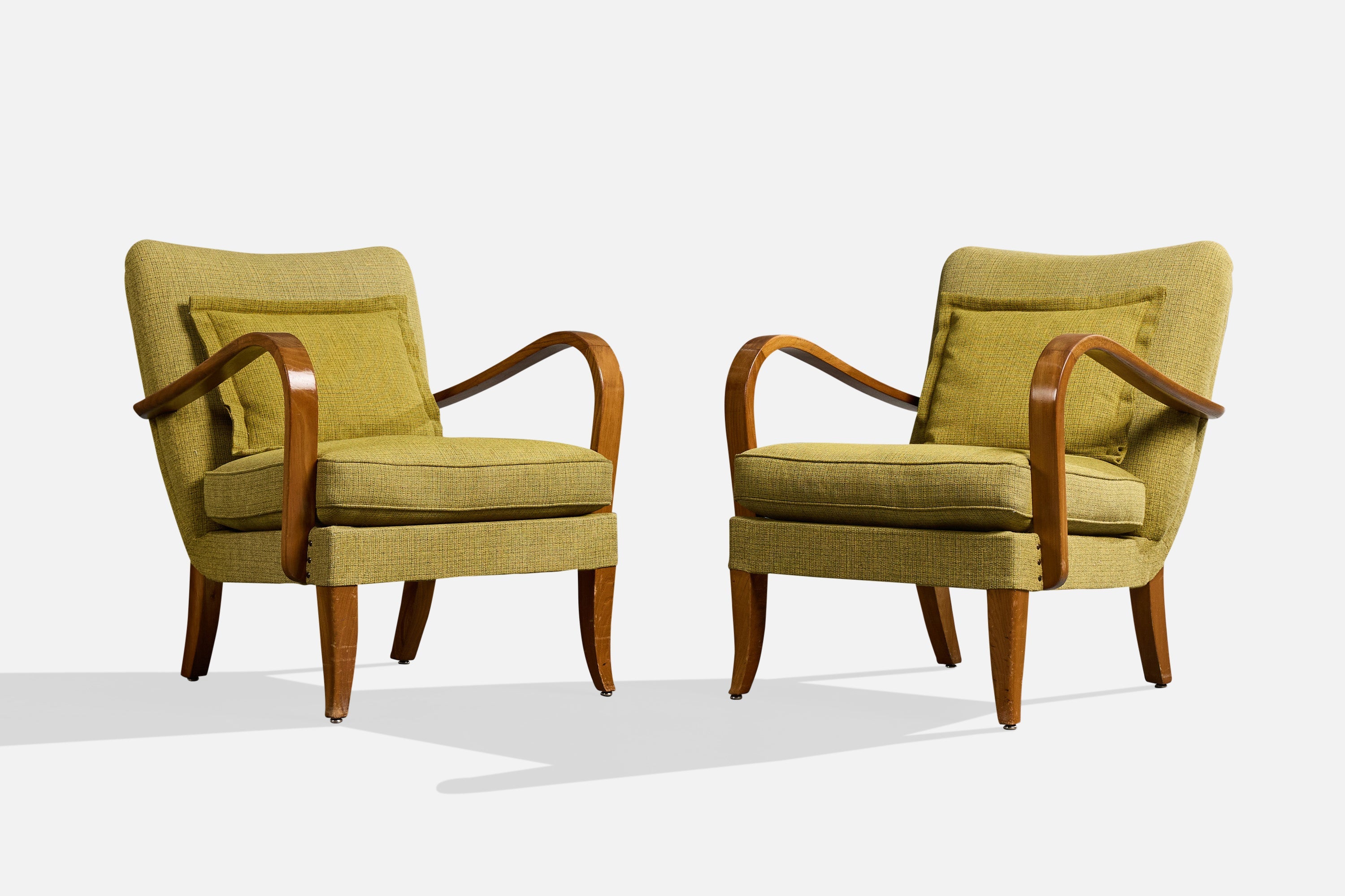 Swedish Designer, Lounge Chairs, Wood, Fabric, Sweden, 1940s