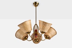 Designer svedese, lampadario, ottone, legno, rattan, Svezia, anni '1950