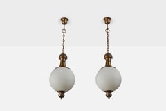 Italian Designer, Pendant Lights, Brass, Glass, Italy, 1950s