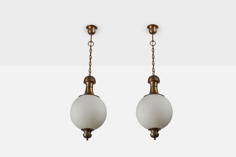 Italian Designer, Pendant Lights, Brass, Glass, Italy, 1950s