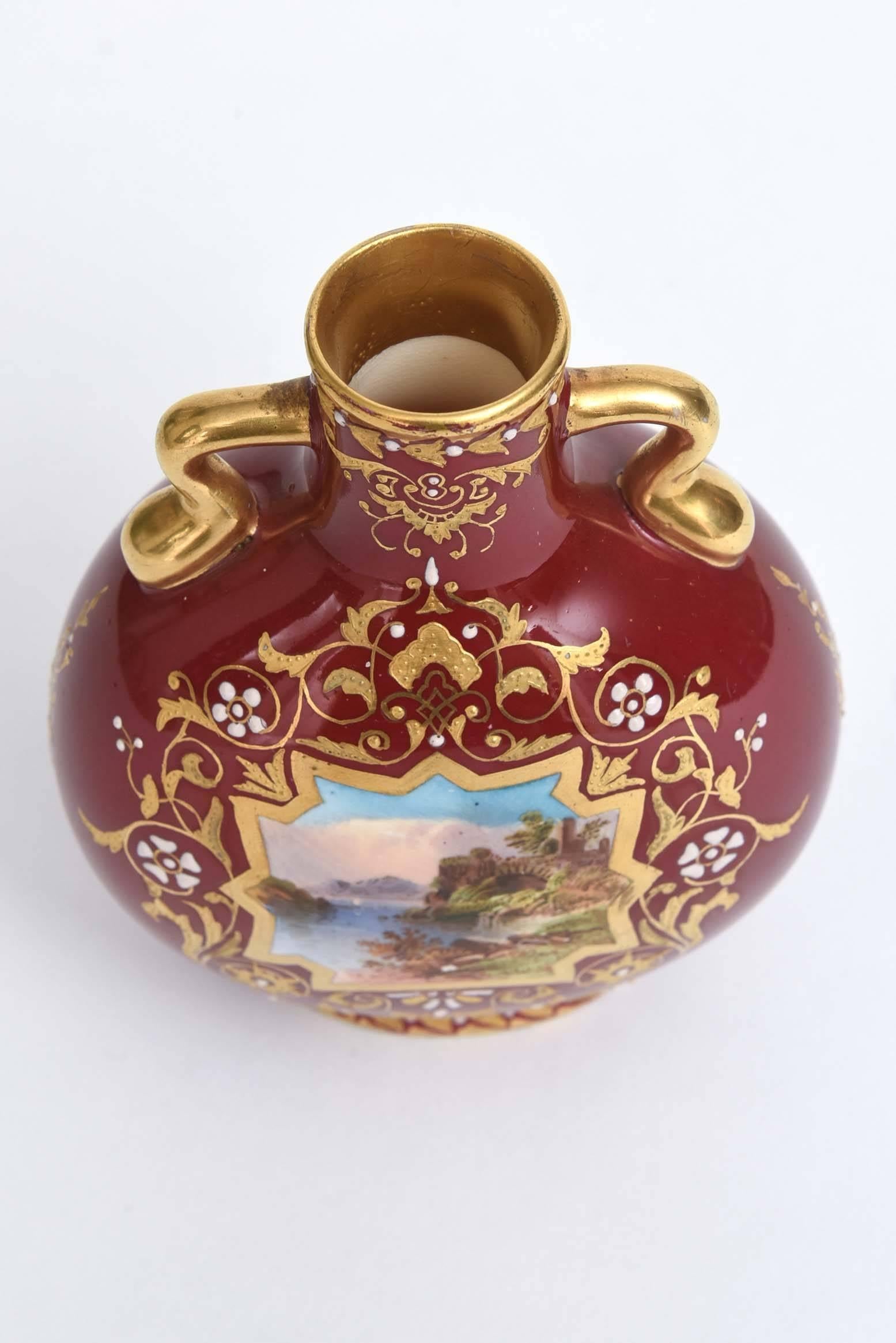 Hand-Crafted Antique Vase Coalport England Hand Painted with Jeweling and Raised Gilt For Sale
